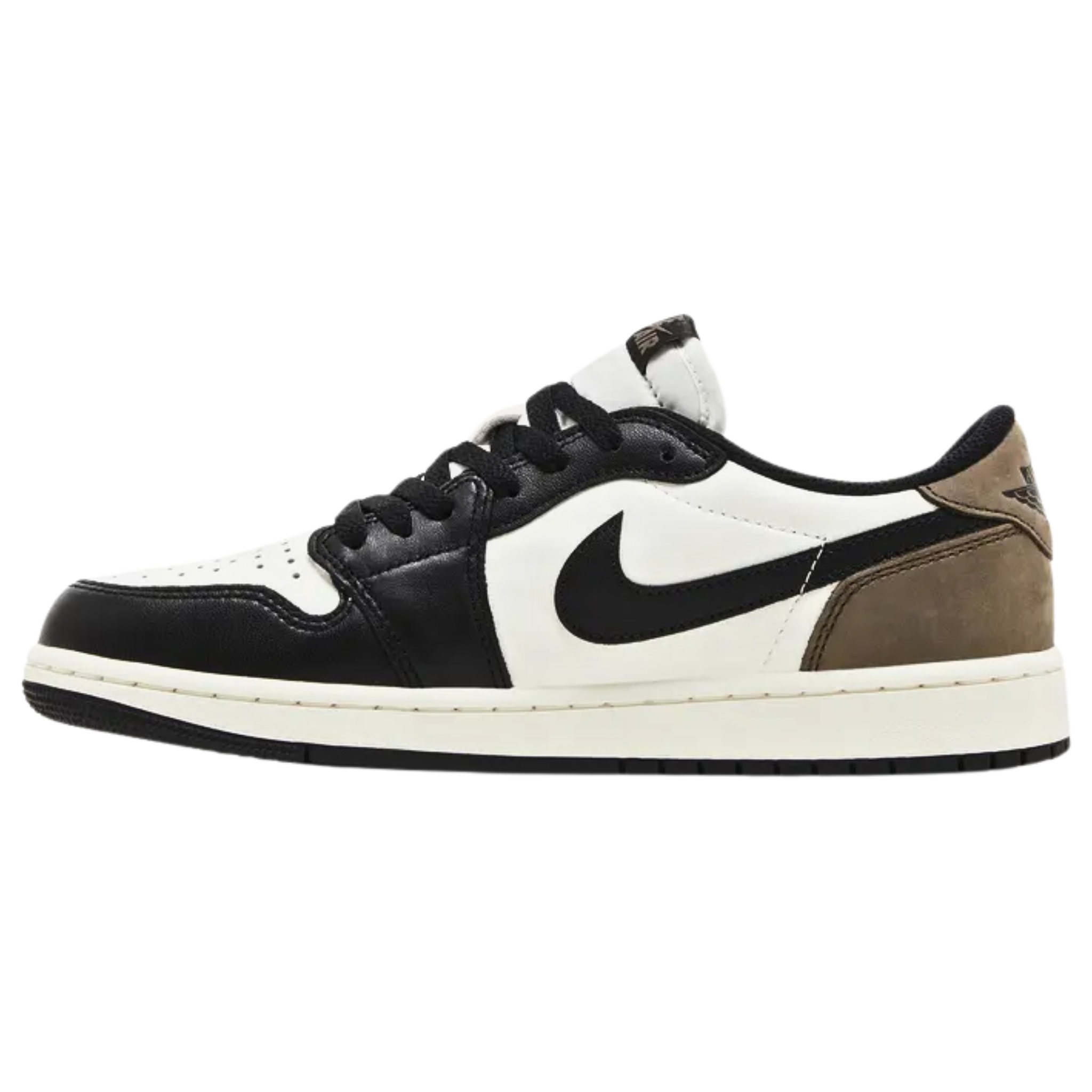 Air Jordan 1 Retro Low OG 'Mocha' featuring a white leather upper with black accents on the forefoot overlay and Swoosh. The sneaker includes brown nubuck heel overlays and back tab with a black Wings logo, Nike Air branding on the woven tongue tag and sockliner, and an off-white midsole with encapsulated Air-sole cushioning and a black rubber outsole.