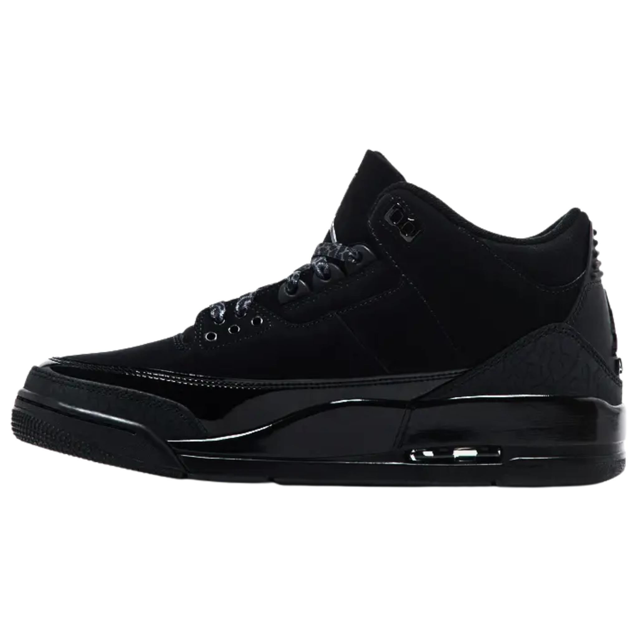 Air Jordan 3 Retro 'Black Cat' (2025) featuring a black nubuck upper with a patent leather mudguard, charcoal elephant-print overlays, and Jumpman branding on the tongue and molded back tab. The sneaker includes a glossy black polyurethane midsole with an exposed Air-sole unit in the heel.