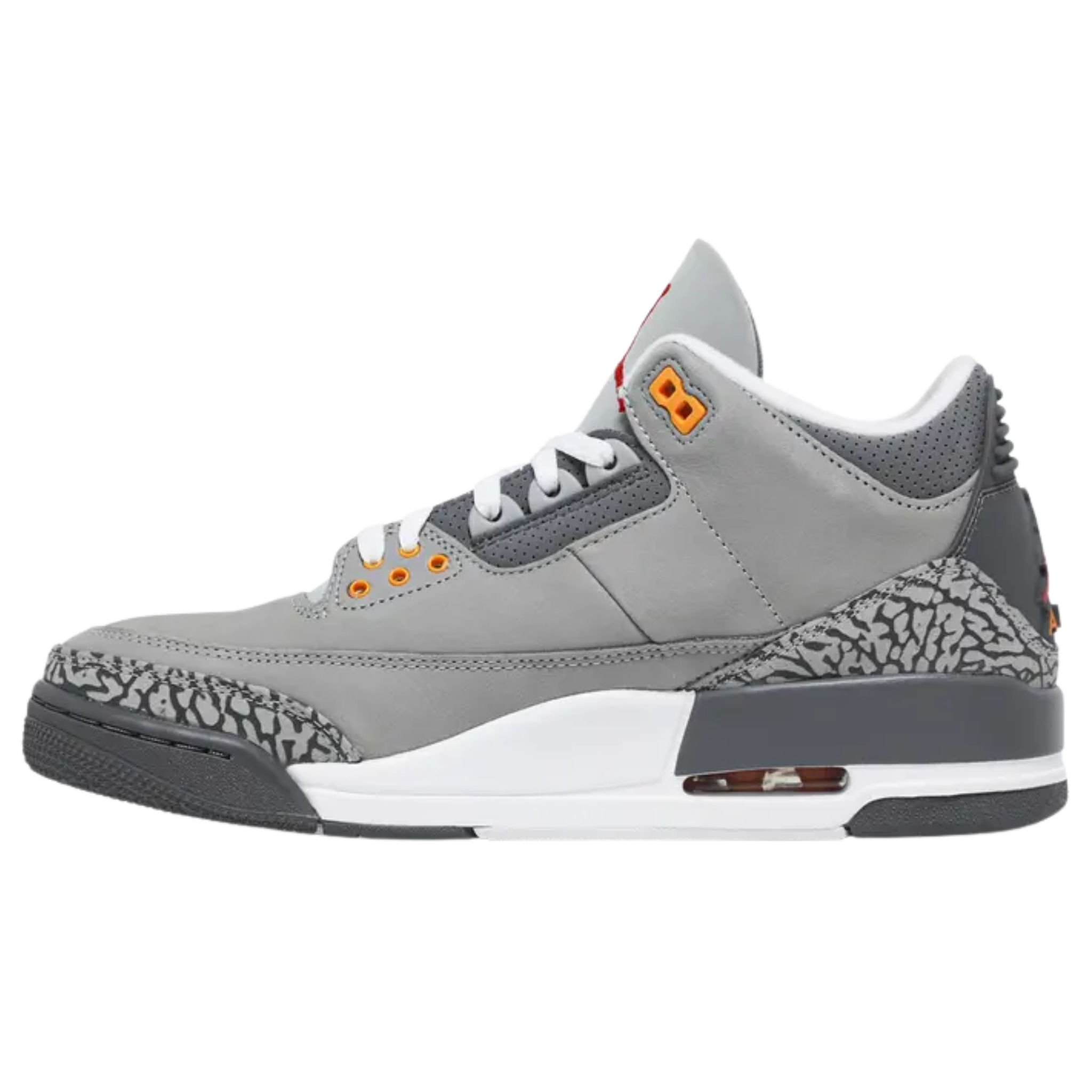 2021 reissue of the Air Jordan 3 Retro 'Cool Grey' with a grey leather upper, signature elephant print overlays at the toe and heel. The tongue features an embroidered Jumpman in Sport Red, with citrus hits of Orange Peel on the molded eyelets and Jumpman logo on the back heel.
