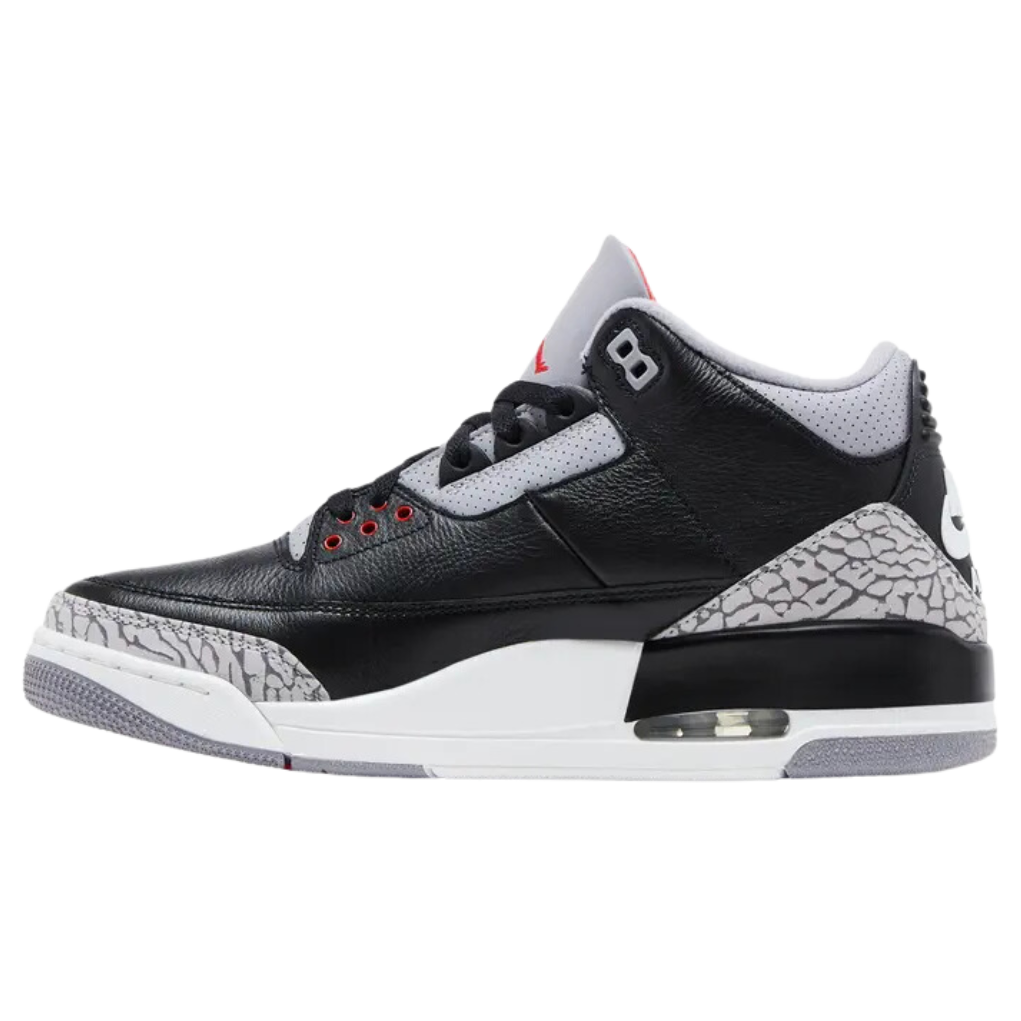 Air Jordan 3 Retro OG 'Black Cement' (2024) featuring a black tumbled leather upper with grey elephant print overlays at the forefoot and heel. The sneaker includes a Fire Red embroidered Jumpman on the tongue, a raised Nike Air logo on the back heel, a white polyurethane midsole with visible Air-sole cushioning, and a grey rubber outsole for durable traction.