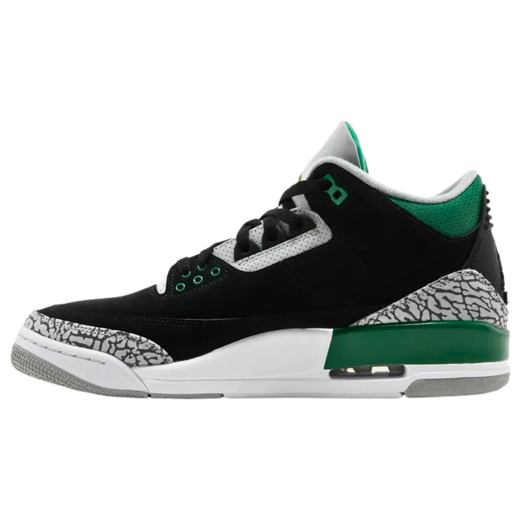 Air Jordan 3 Retro ‘Pine Green’ featuring a black textured nubuck upper with verdant green accents on the molded eyelets, perforated leather collar, and embroidered Jumpman branding. The sneaker includes elephant print forefoot and heel overlays, a molded heel tab with a second Jumpman icon, and a white polyurethane midsole with contrast green detailing and visible Air-sole cushioning under the heel.