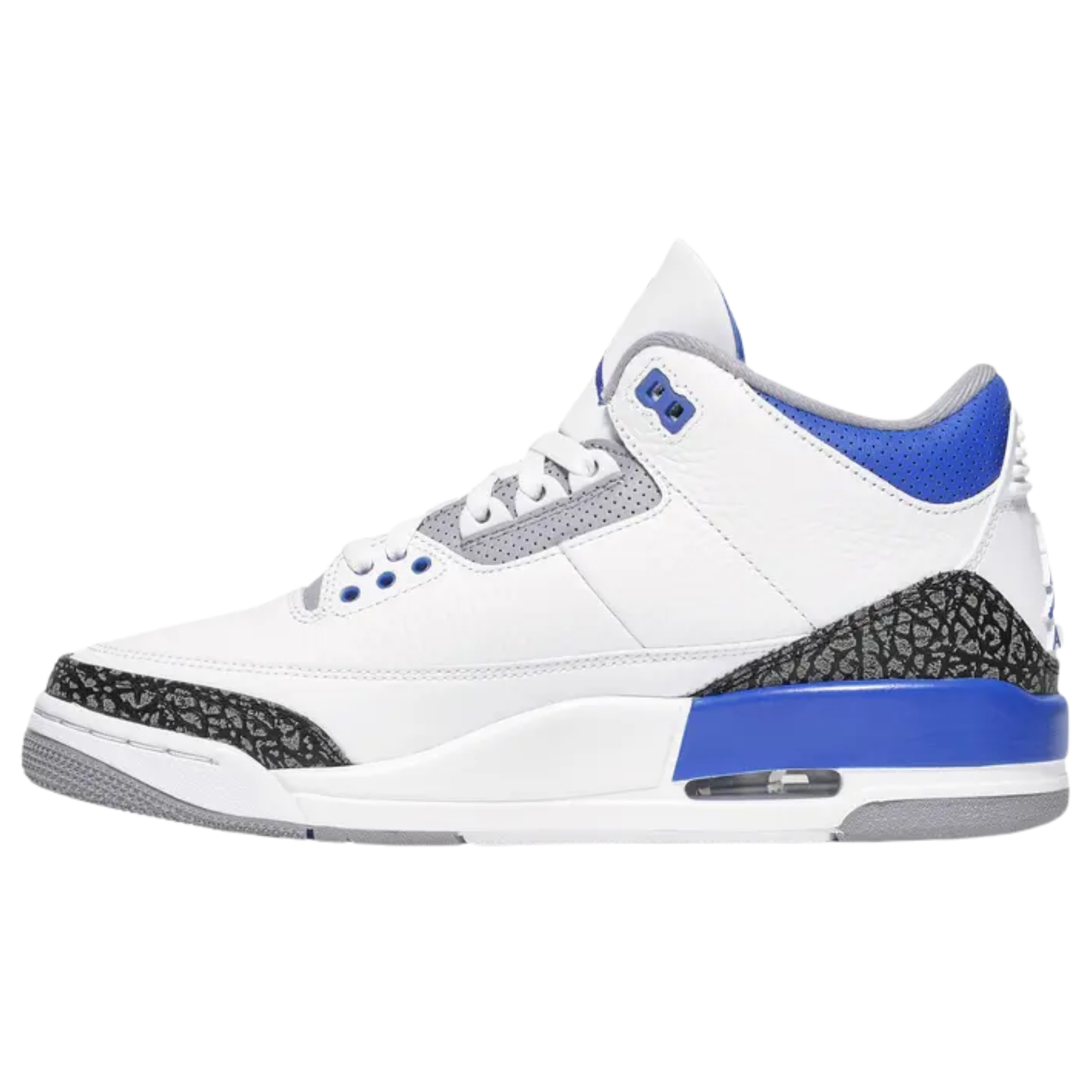 Air Jordan 3 Retro ‘Racer Blue’ featuring a white tumbled leather upper with royal blue detailing on the eyelets, collar, and polyurethane midsole. The sneaker includes visible Air sole cushioning under the heel, Jumpman branding on the tongue and heel, and dual elephant-print overlays with a pronounced crackle pattern.