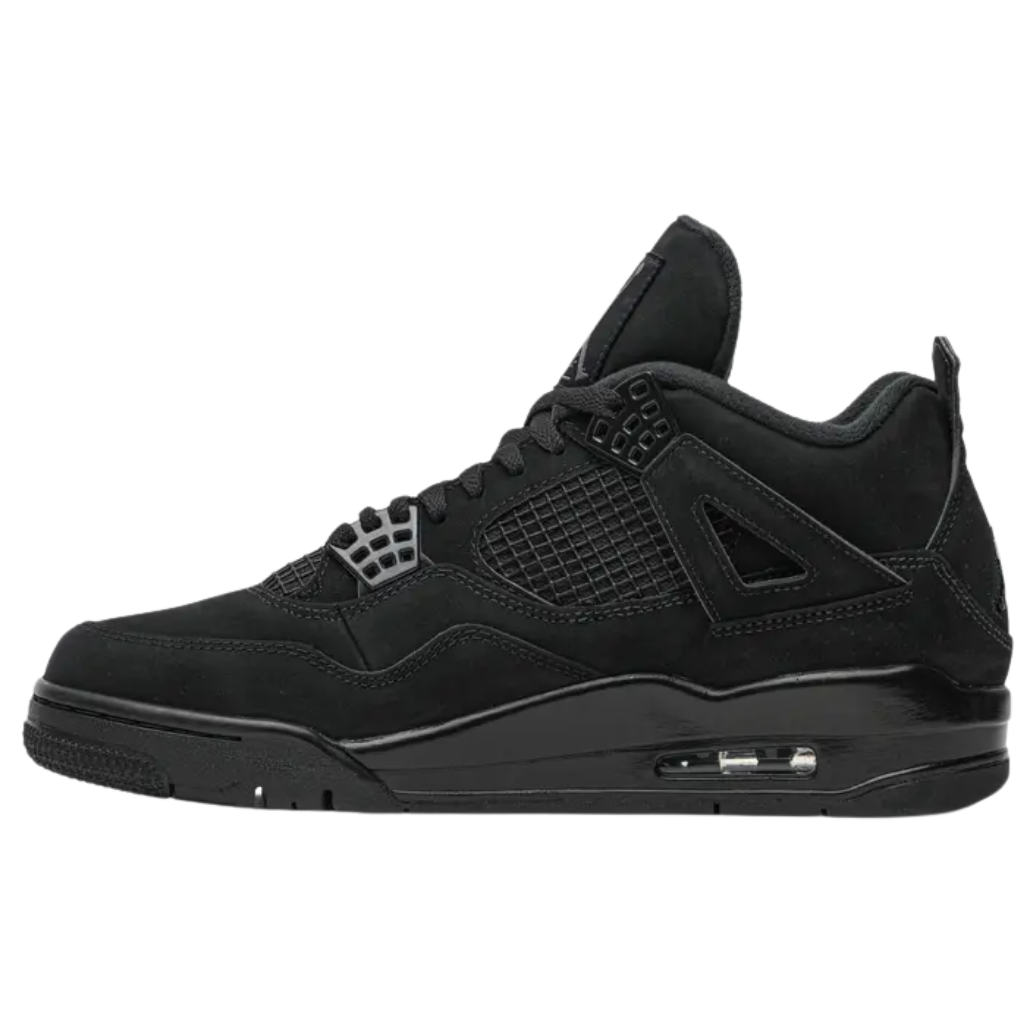 The 2020 edition of the Air Jordan 4 Retro 'Black Cat' features a monochromatic black suede upper and midsole, with Light Graphite Jumpman branding on the woven tongue tag as the only contrasting design element.
