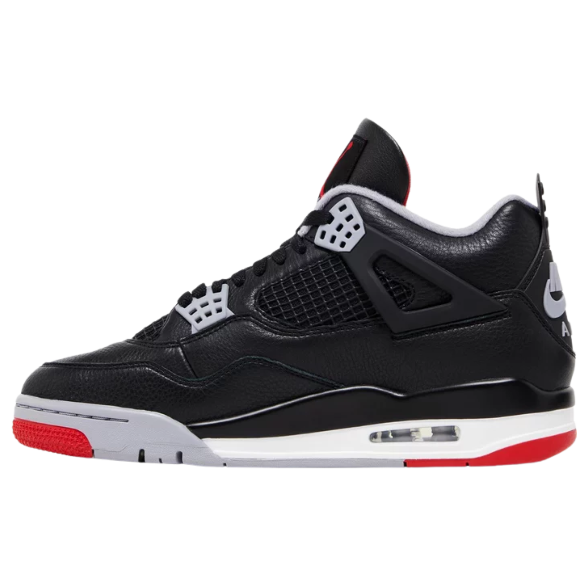 Air Jordan 4 Retro 'Bred Reimagined' featuring a black leather upper with quarter panel netting, grey molded eyelets, and Nike Air branding on the heel tab. The sneaker includes a crimson Jumpman logo on the woven Flight tag, a lightweight polyurethane midsole with encapsulated Air-sole cushioning in the forefoot and an exposed Air unit in the heel, and a pre-distressed rubber outsole with a herringbone traction pattern.