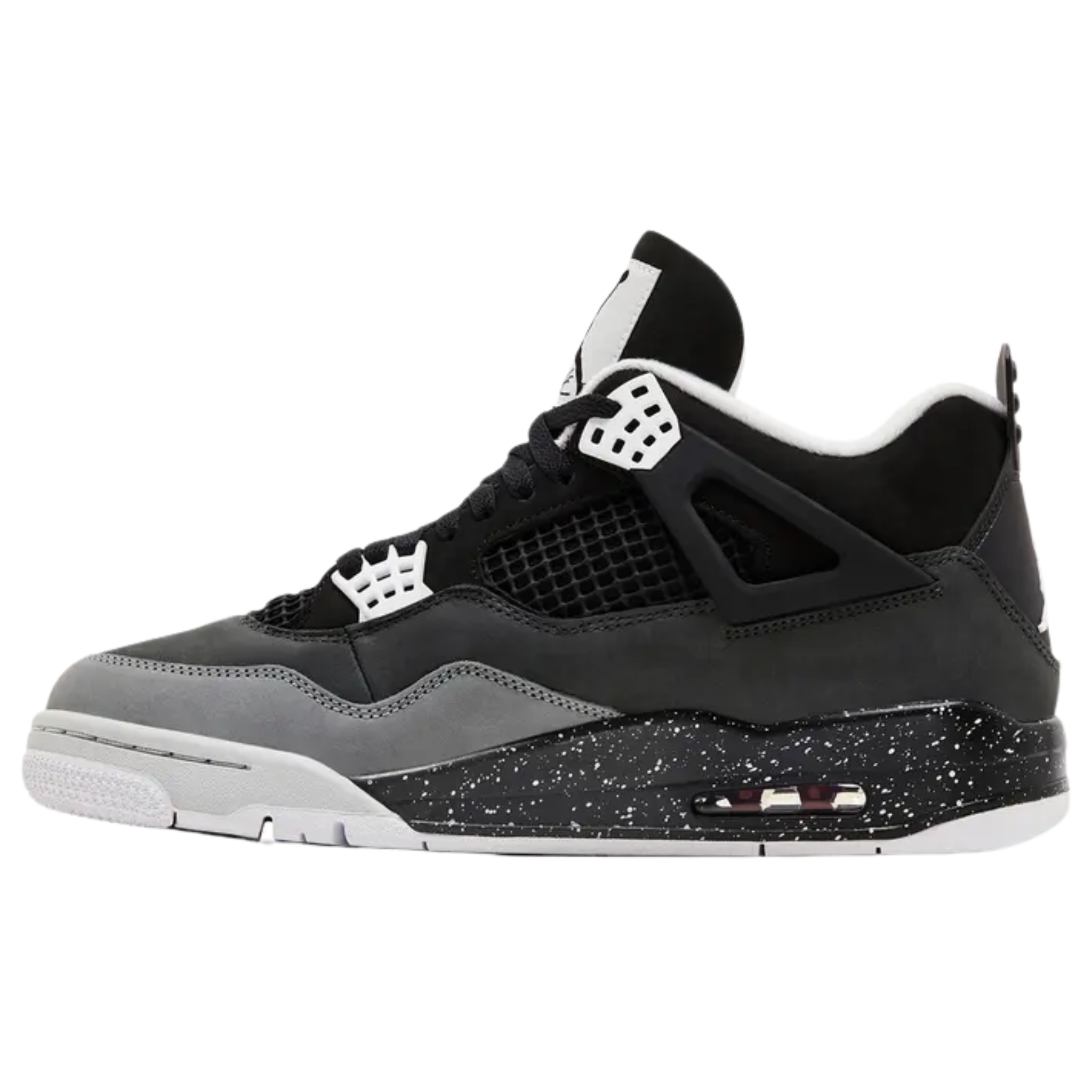 Air Jordan 4 Retro 'Fear' (2024) featuring a smooth nubuck upper with grey mudguard and toe wrap. The sneaker includes white molded eyelets, Jumpman branding on the woven tongue tag and back heel, and white speckled detailing on a black polyurethane midsole with visible Air-sole cushioning in the heel.