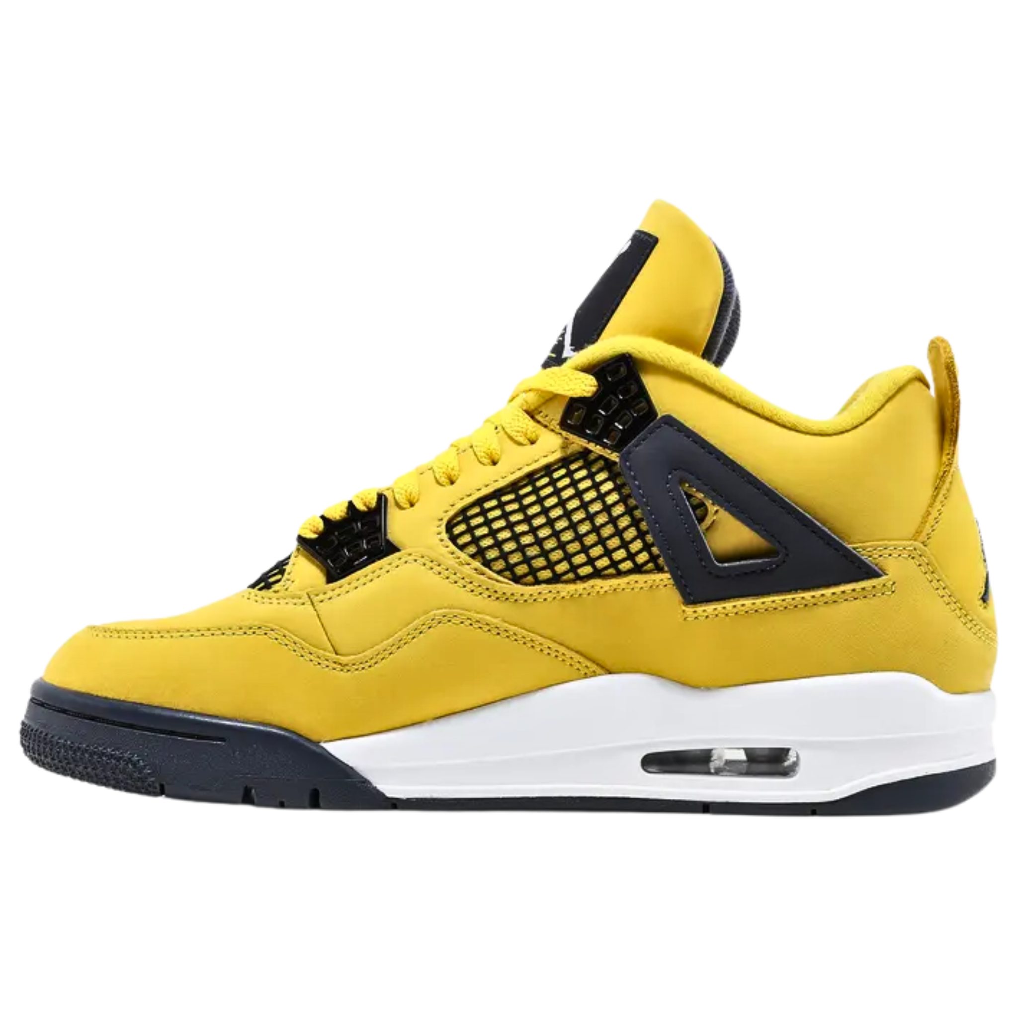 2021 Air Jordan 4 Retro ‘Lightning’ featuring a bright yellow nubuck upper with black netting and dark grey structural wings. The sneaker includes matching grey accents on the woven tongue tag, interior tongue, and Jumpman branding at the heel. It sits on a white PU midsole with visible Air-sole cushioning and a dark grey herringbone rubber outsole.