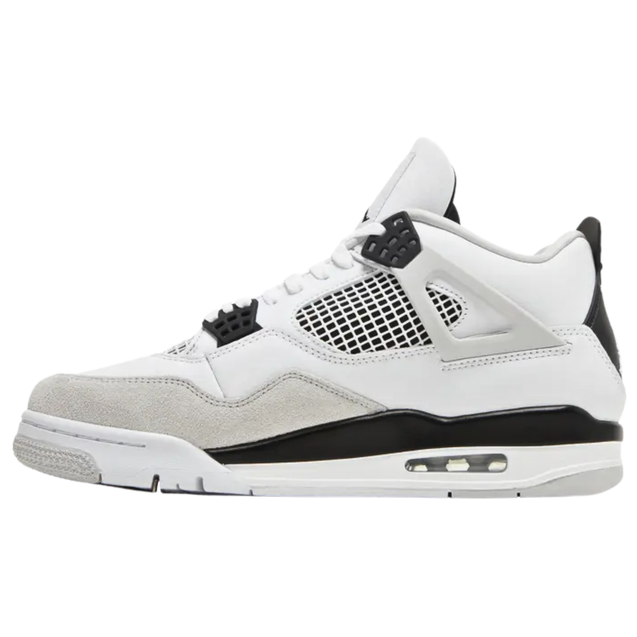 Air Jordan 4 Retro ‘Military Black’ featuring a smooth white leather upper with a grey suede forefoot overlay. The sneaker includes black accents on the TPU eyelets, molded heel tab, and Jumpman logo on the woven tongue tag. It is mounted on a two-tone polyurethane midsole with a visible Air-sole unit under the heel for cushioning.