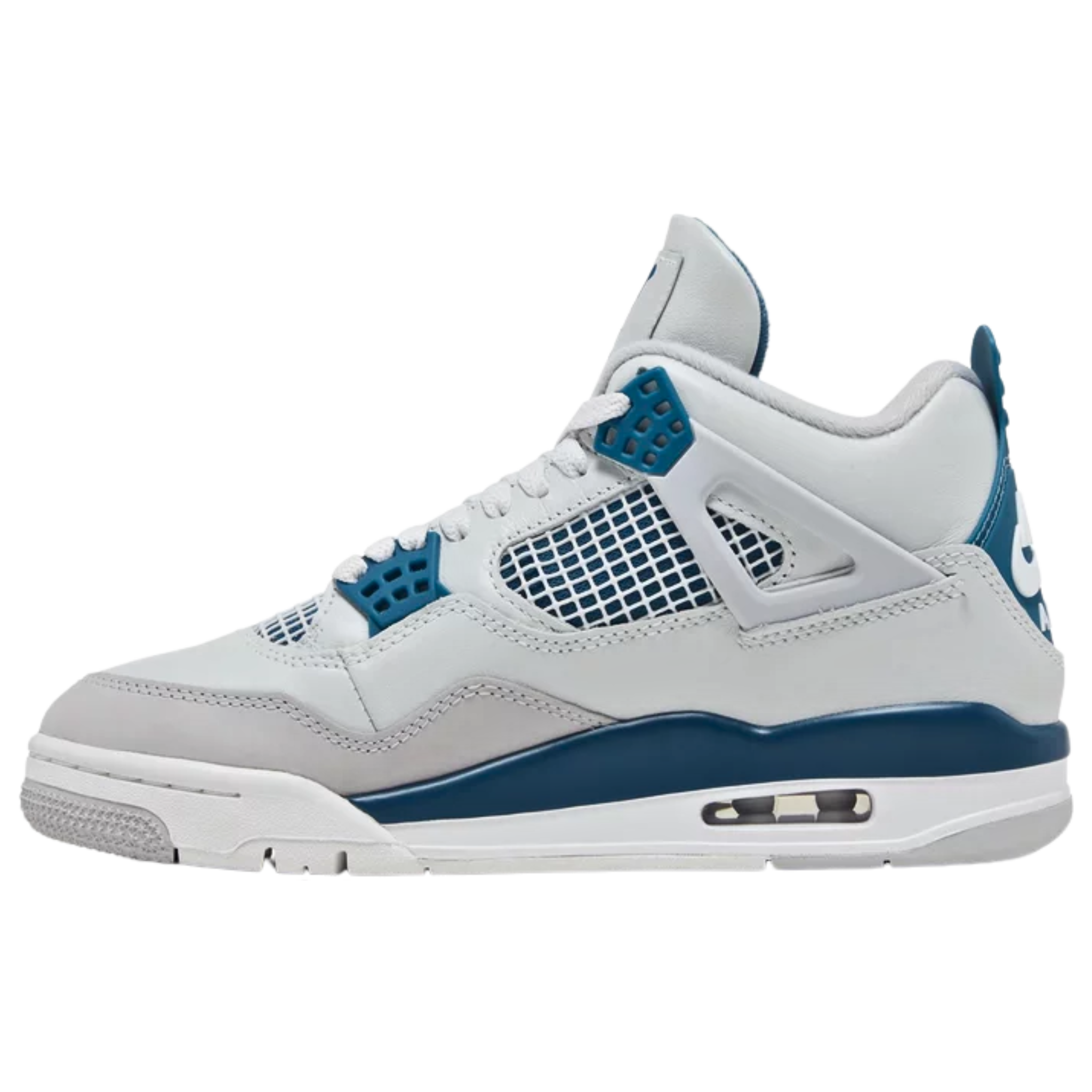 Air Jordan 4 Retro 'Military Blue' (2024) featuring a smooth off-white leather upper with quarter panel netting and a tonal nubuck forefoot overlay. The sneaker includes a vibrant blue Jumpman logo on the woven tongue tag, matching blue molded eyelets, and a back tab with Nike Air branding. It sits on a lightweight polyurethane midsole with encapsulated Air-sole cushioning in the forefoot and a visible Air bag in the heel.