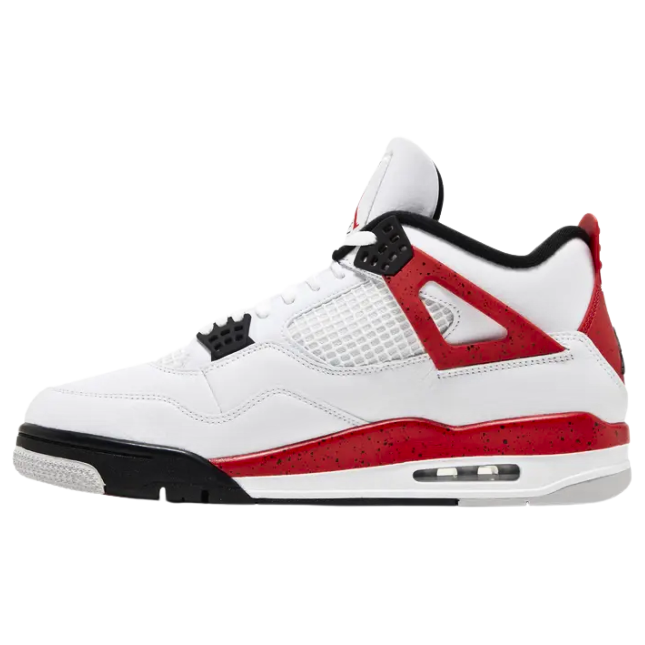Air Jordan 4 Retro 'Red Cement' featuring a white leather upper with tonal quarter panel netting, black accents on the molded eyelets and interior lining, and vibrant Fire Red highlights on the support wings, midsole, and heel tab. The sneaker includes black speckled detailing, embossed Jumpman branding on the heel tab, a Jumpman logo on the Flight tongue tag, and a herringbone-traction rubber outsole for superior grip.