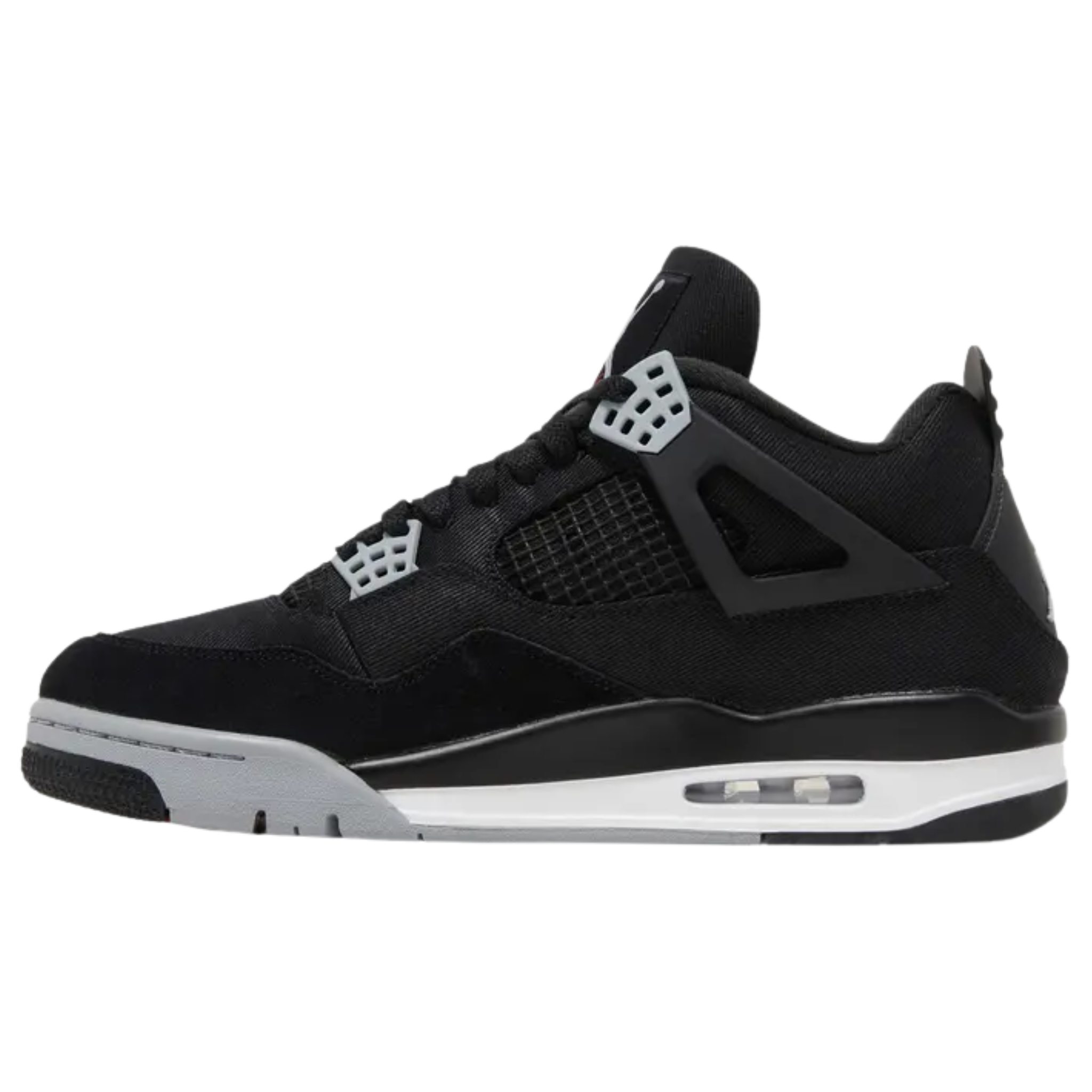 Air Jordan 4 Retro SE ‘Black Canvas’ featuring a black canvas upper with a tonal suede forefoot overlay and grey molded eyelets. The sneaker includes a matching grey Jumpman on the back heel and woven tongue tag, accented with a crimson Flight logo, and sits on a two-tone polyurethane midsole with visible Air-sole cushioning in the heel.