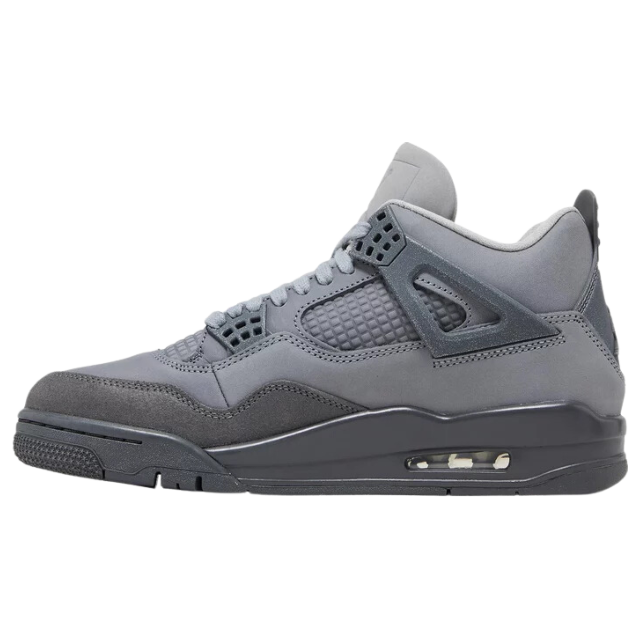 Air Jordan 4 Retro SE 'Wet Cement' (Paris Olympics) featuring a grey nubuck upper with a suede forefoot overlay and debossed grid pattern on the quarter panel. The sneaker includes speckled TPU support wings, a molded back tab with a raised Jumpman icon, a second Jumpman logo on the tongue, and a dark grey polyurethane midsole with visible Air-sole cushioning in the heel.
