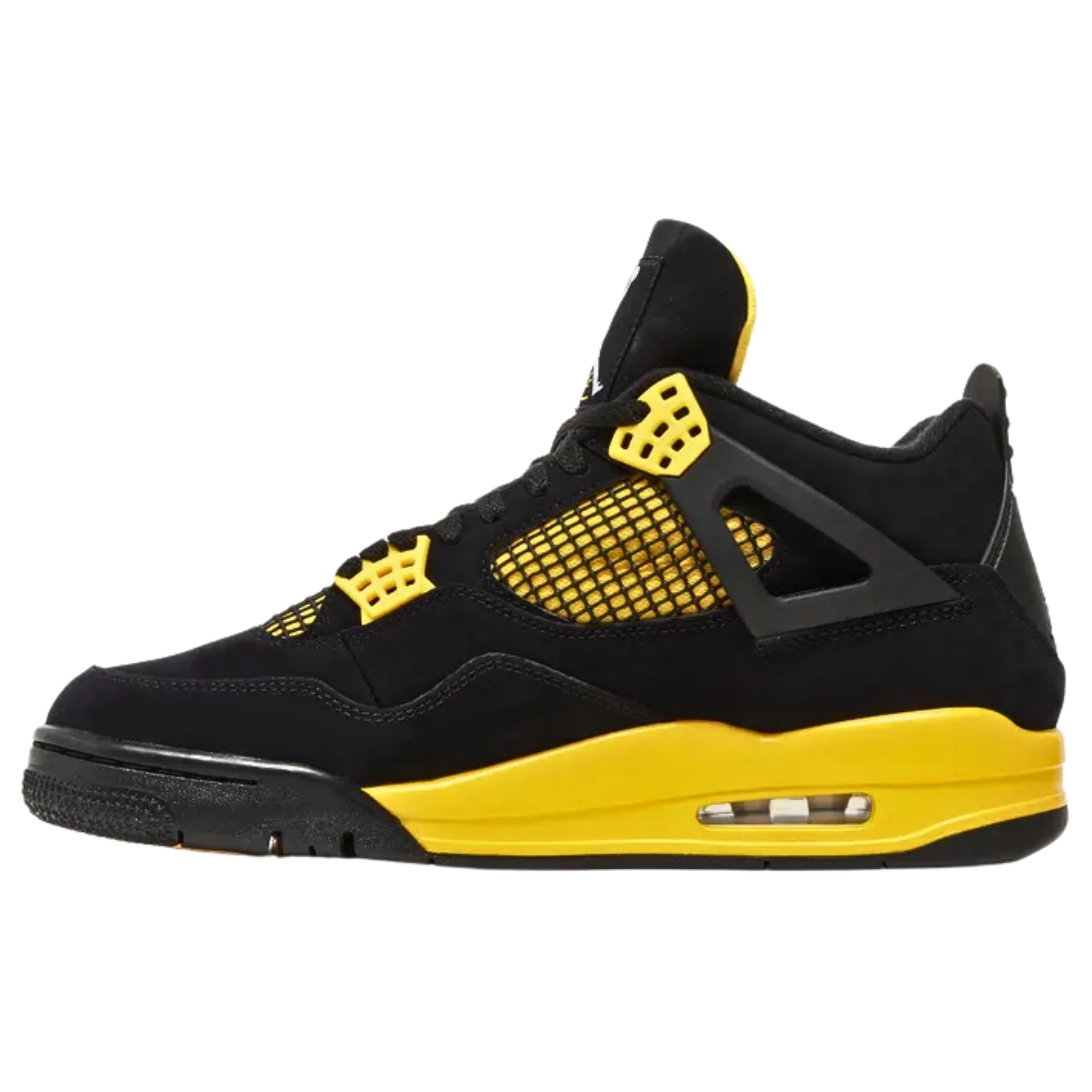 Air Jordan 4 Retro 'Thunder' (2023) featuring a smooth black nubuck upper with yellow accents on the molded eyelets, quarter panel, and lower tongue, all covered in black netting. The sneaker includes Jumpman branding on the Flight tongue tag and molded heel tab, a yellow polyurethane midsole with an exposed Air-sole unit in the heel for cushioning.