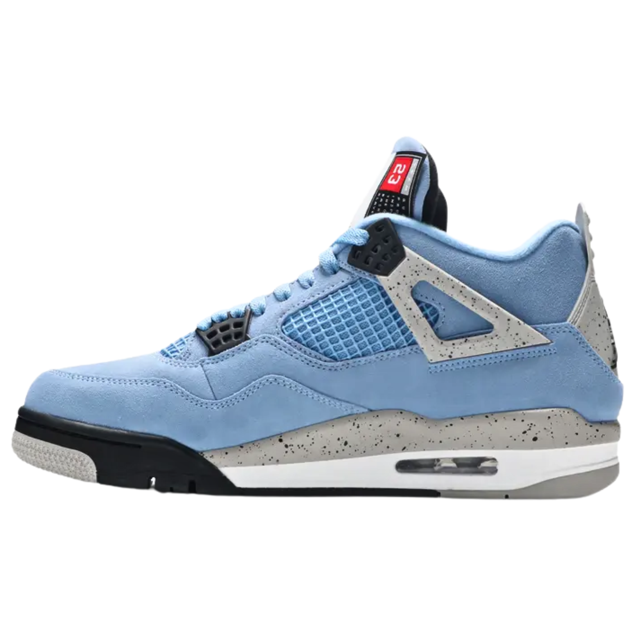 Air Jordan 4 Retro 'University Blue' featuring a suede upper in bright blue, contrasted by speckled grey supportive wings and back heel. The heel displays a raised black Jumpman icon, while secondary Jumpman branding appears on the woven tongue tag, designed to resemble a jock tag from Jordan jerseys.