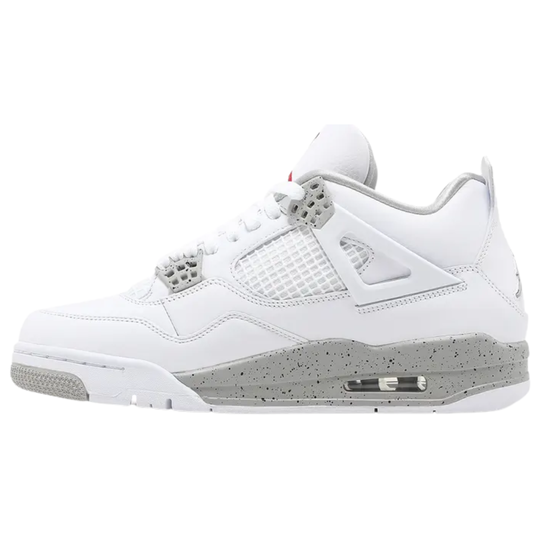 Air Jordan 4 Retro ‘White Oreo’ featuring a white tumbled leather upper with speckled molded eyelets in Tech Grey. The sneaker includes a polyurethane midsole with encapsulated Air cushioning in the forefoot, a visible Air unit in the heel, and Fire Red Jumpman branding on the tongue and heel.