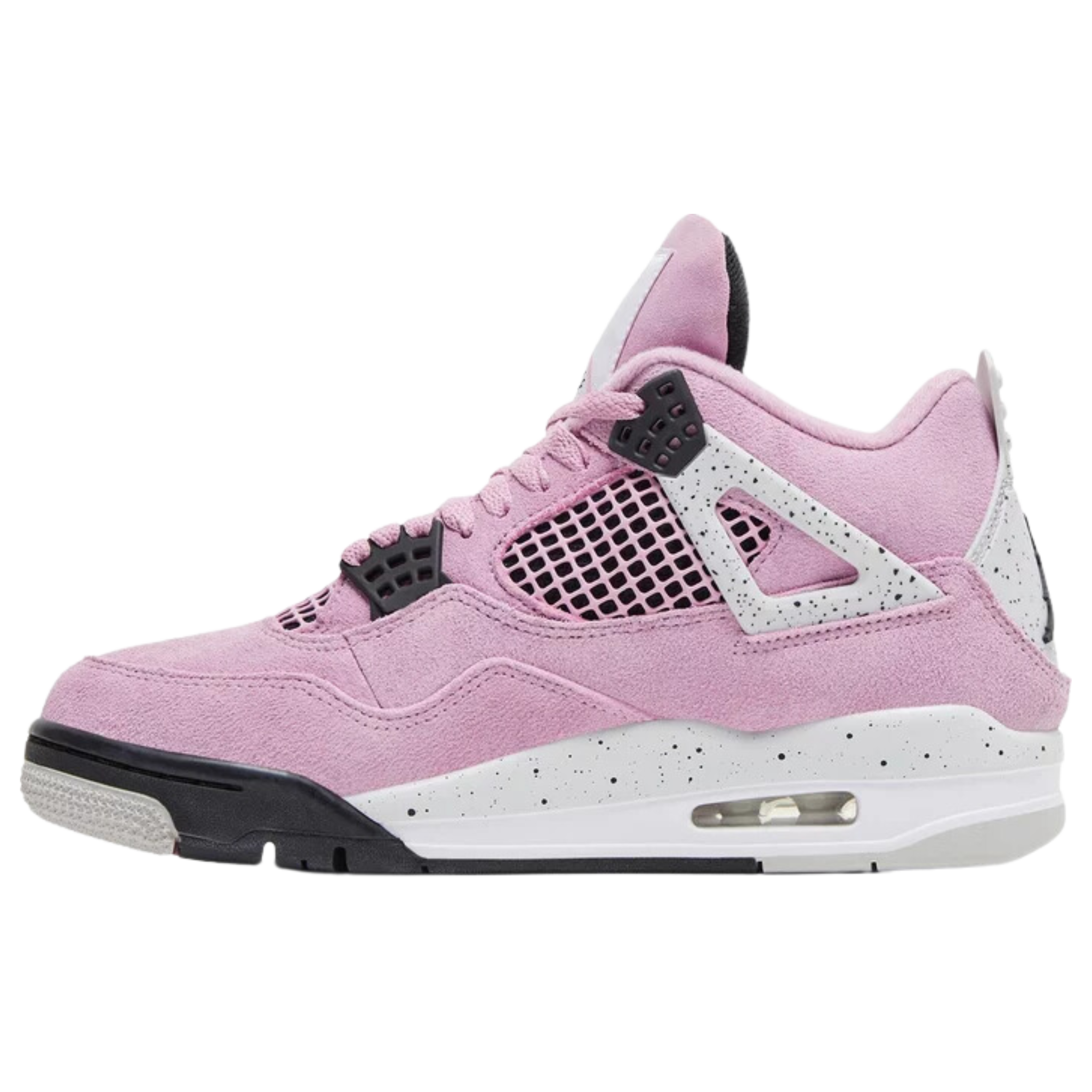 Women's Air Jordan 4 Retro 'Orchid' featuring a lilac-colored suede upper with breathable quarter panel netting and grey molded eyelets. The sneaker includes speckled TPU support wings, a molded back tab with Jumpman branding, and a lightweight polyurethane midsole with encapsulated Air-sole cushioning in the forefoot and an exposed Air bag in the heel.