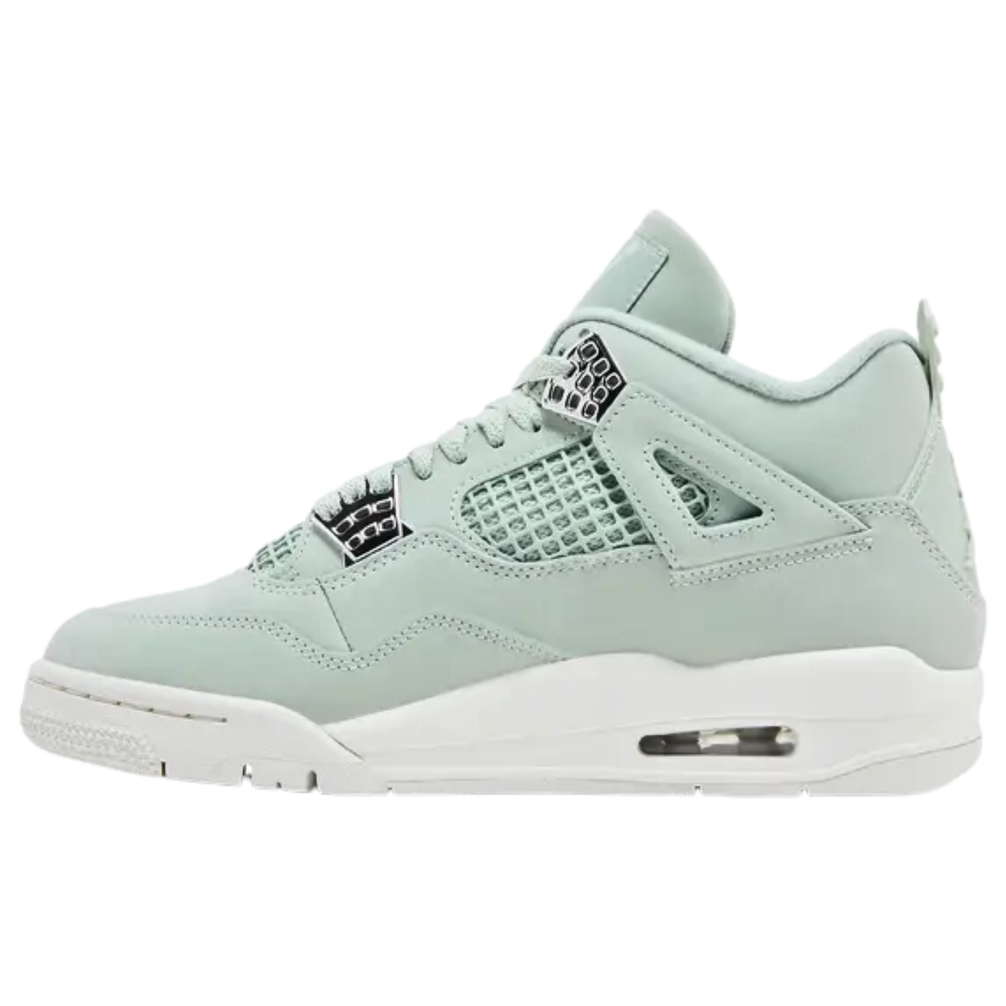 Women's Air Jordan 4 Retro 'Seafoam Sail' sneaker featuring a pale green leather upper, breathable netted quarter panels, and tonal Jumpman branding on the tongue and heel tab. Metallic silver molded eyelets complement the off-white polyurethane midsole with a visible Air-sole unit in the heel.