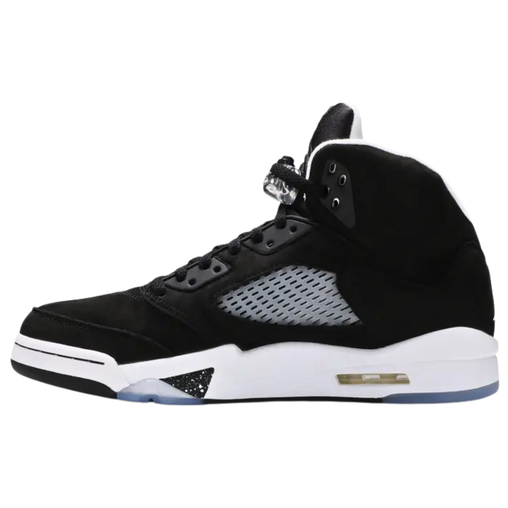 2021 Air Jordan 5 Retro ‘Moonlight’ featuring a black suede upper with tonal TPU eyelets, translucent quarter panel netting, and a grey Jumpman embroidered on the tongue. The sneaker includes contrasting white accents on the collar lining, interior tongue, and Jumpman heel branding. It sits on a white polyurethane midsole with a visible Air unit in the heel and black shark-tooth detailing with white speckles. The icy rubber outsole provides stop-and-go traction.
