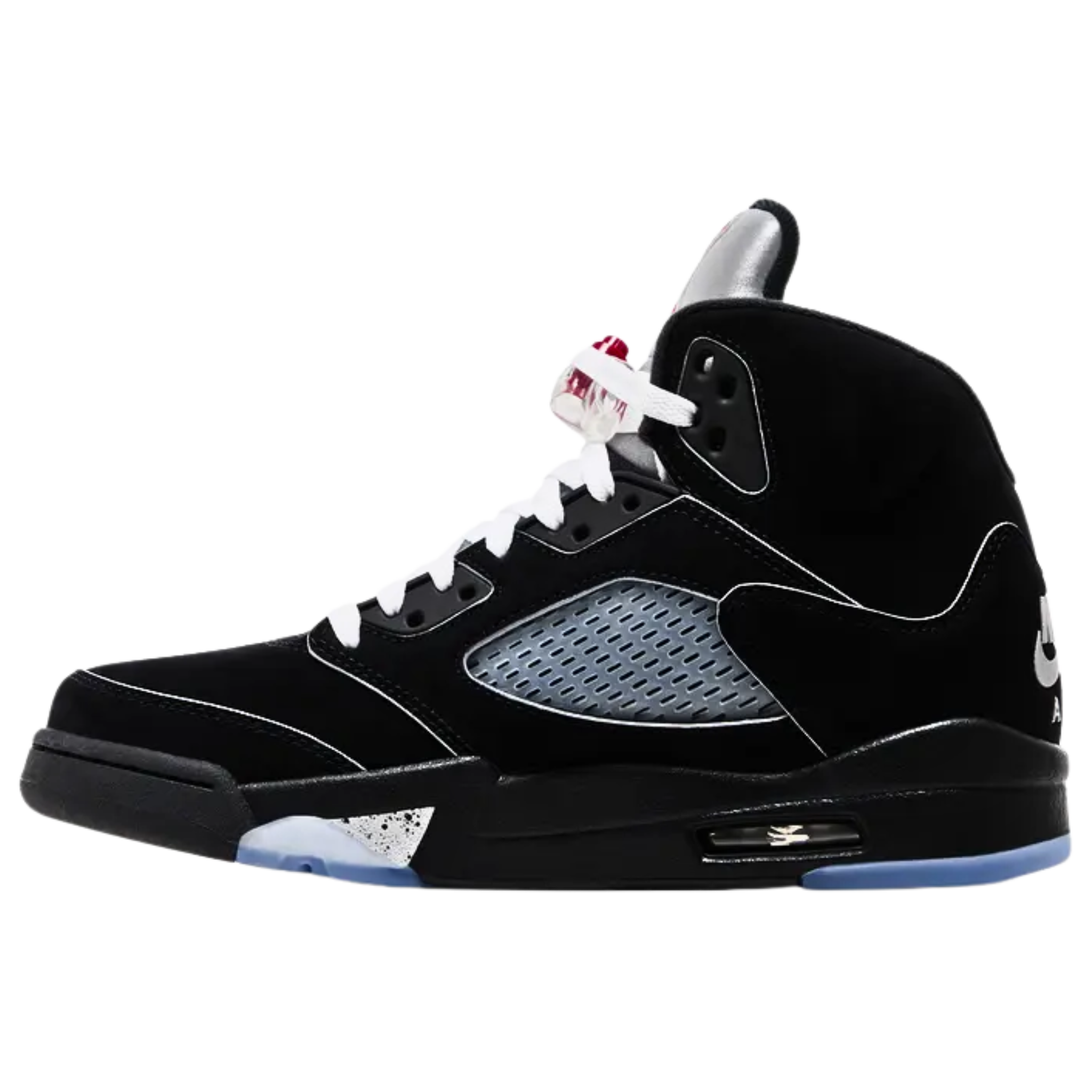 Air Jordan 5 Retro OG 'Black Metallic Reimagined' featuring a black nubuck upper with molded TPU eyelets, quarter panel netting, and reflective 3M piping. The sneaker includes a crimson Jumpman logo on the tongue, raised Nike Air branding on the heel, metallic silver shark tooth detailing on the black polyurethane midsole, and a translucent rubber outsole for traction.