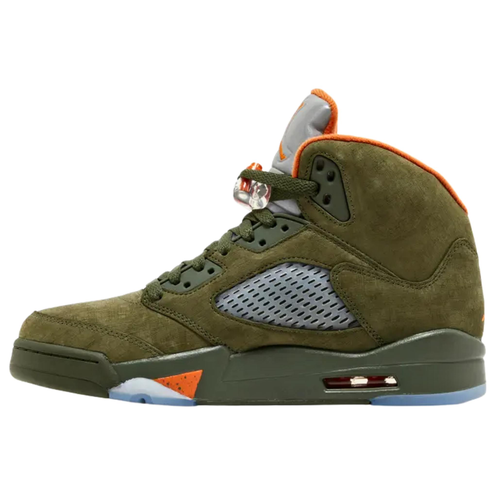 Air Jordan 5 Retro 'Olive' (2024) featuring a textured olive green suede upper with tonal molded eyelets and breathable quarter panel netting. The sneaker includes contrasting orange accents on the interior lining, Jumpman logos on the back heel and reflective tongue, and orange shark-tooth detailing on the olive polyurethane midsole with visible Air-sole cushioning and a translucent rubber outsole.