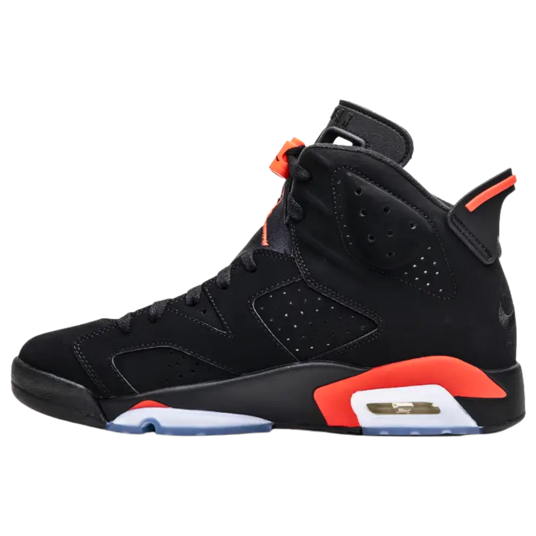 The 2019 Air Jordan 6 Retro ‘Infrared’ features a black nubuck upper with reflective 3M layering, accented by Infrared hits on the midsole, heel tab, and lace lock. Nike Air branding on the heel and sockliner completes the OG-inspired design.