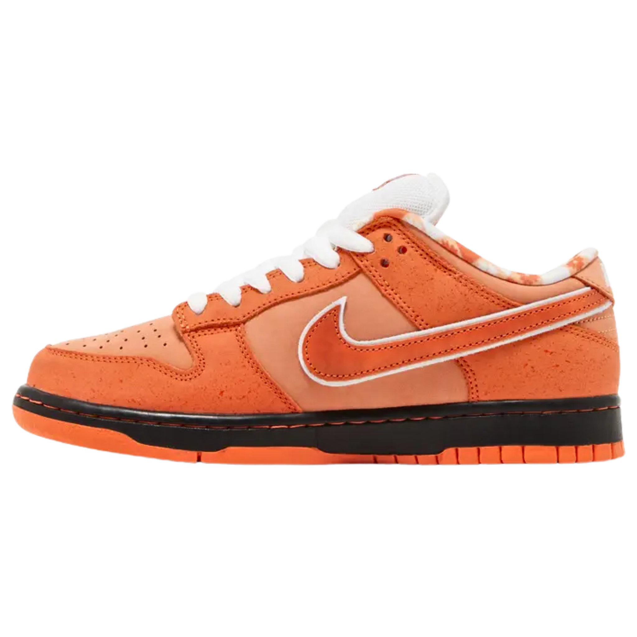 The Concepts x Nike Dunk Low SB ‘Orange Lobster’ continues the collaborative series, drawing inspiration from the rare orange lobster. The nubuck upper features varying shades of orange, with lightly speckled overlays and a tonal Swoosh outlined in white. A woven Nike SB tag adorns the white mesh tongue, while a bib-themed pattern decorates the interior lining. The sneaker is built on a traditional cupsole, with black sidewalls and a grippy orange rubber outsole for enhanced traction and style.
