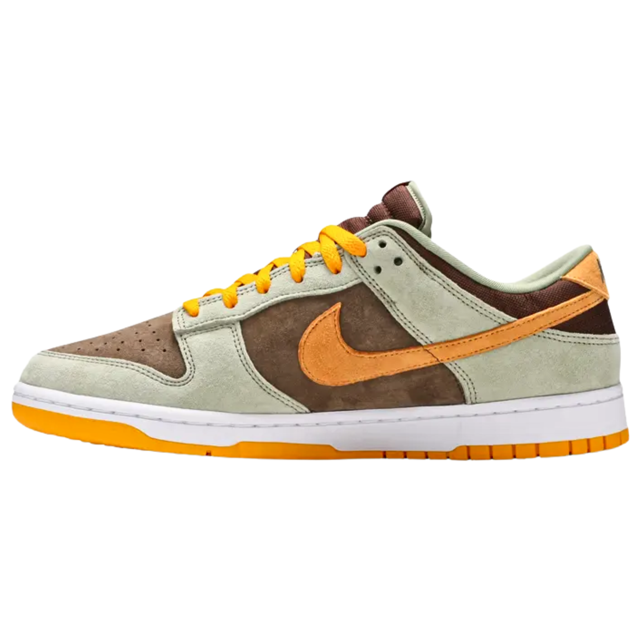 The Nike Dunk Low ‘Dusty Olive’ features a buttery suede upper with a rustic brown base, pale green overlays, and bright orange accents on the Swoosh, heel tab, and laces. A woven Nike tag decorates the tongue, while the collar is made of brown nylon. The sneaker's multi-tone build is complemented by a crisp white rubber midsole and a colorful outsole that adds the final pop of style.