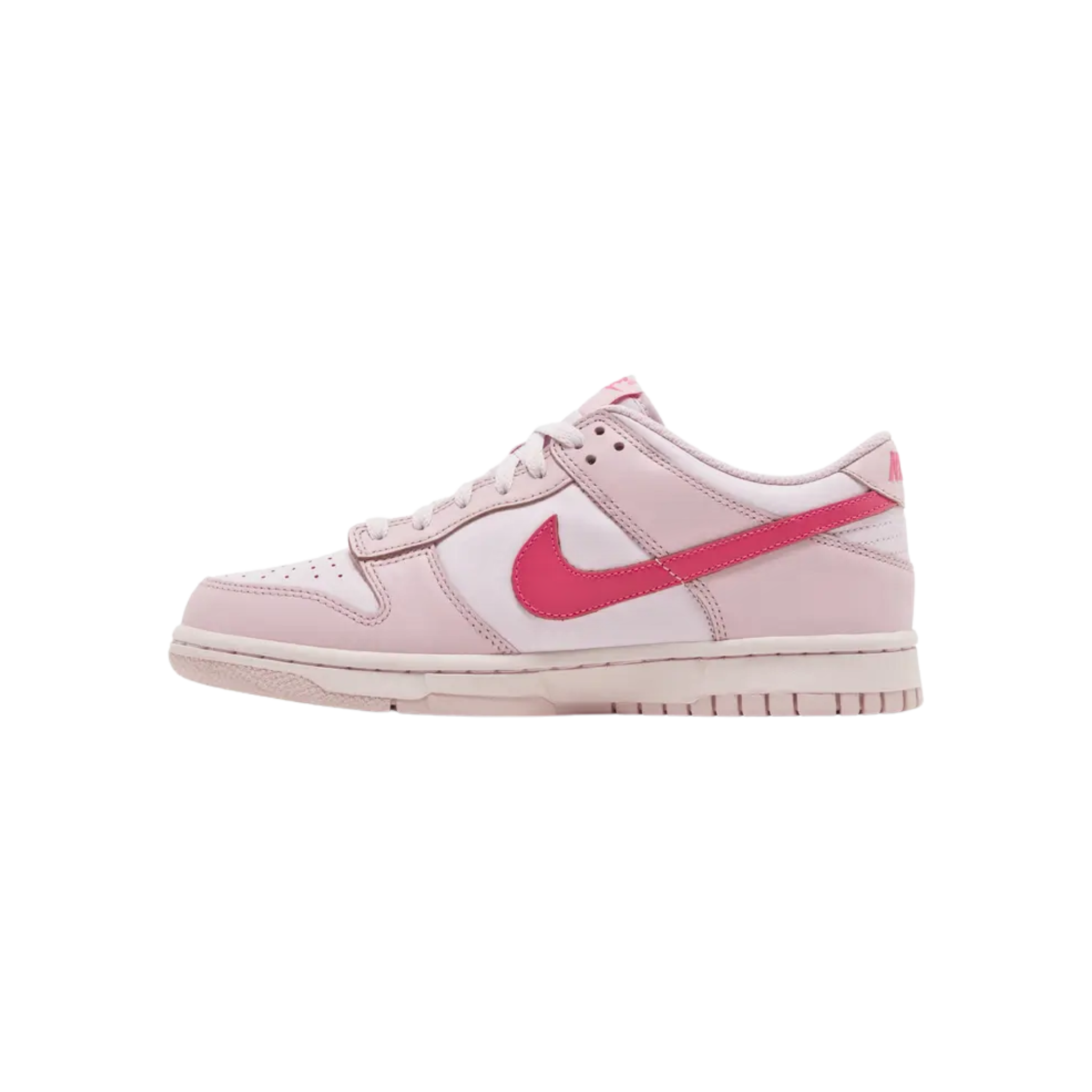 The Dunk Low GS 'Triple Pink' (also known as ‘Barbie’) features a full leather upper in light pink, with hot pink accents on the Swoosh, tongue tag, and heel. The sneaker is designed for comfort with a breathable nylon tongue and rests on a rubber outsole for support and durability.