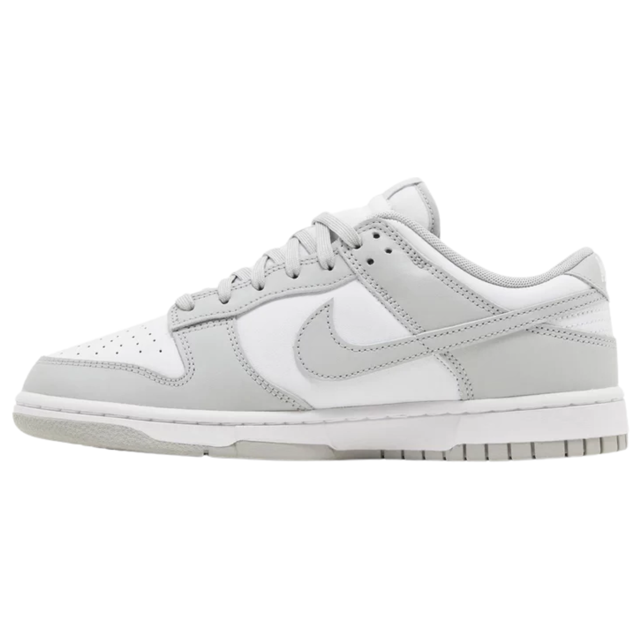 The Nike Dunk Low ‘Grey Fog’ features a subtle two-tone colorway with a white leather base and light grey overlays. The neutral tones are echoed on the Swoosh, laces, and woven Nike tongue tag, while additional Nike branding appears on the heel tab and padded sockliner. The low-top sits on a rubber cupsole, combining white sidewalls with a grey rubber outsole for a clean, versatile look.