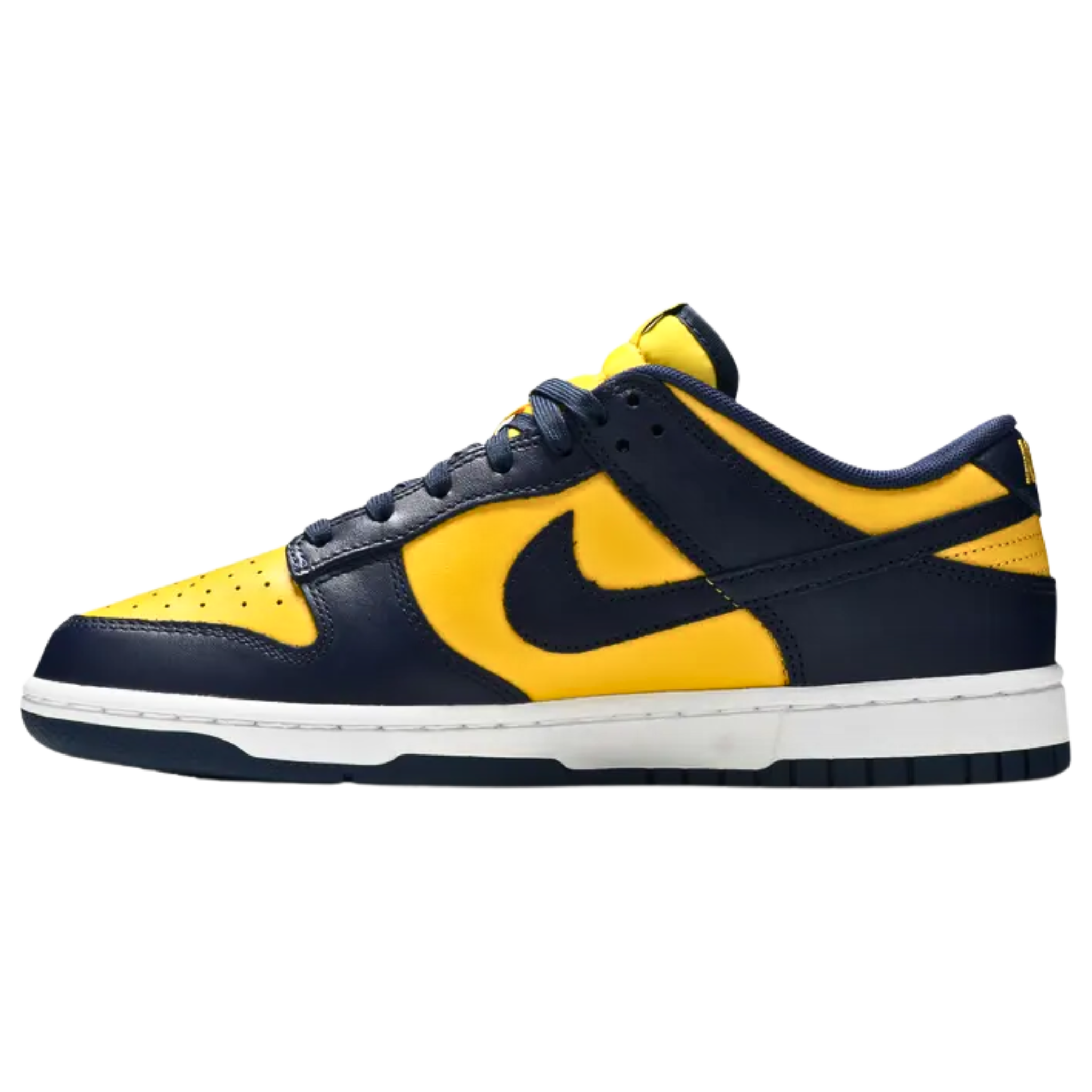 The 2021 Nike Dunk Low 'Michigan' revives a classic 'Be True to Your School' colorway from 1985, featuring a rich Varsity Maize leather upper with contrasting Midnight Navy accents on the Swoosh and forefoot and heel overlays. The low-top silhouette offers a low-cut collar and breathable nylon tongue, both branded with traditional Nike logos, providing padded comfort and a retro-inspired look.
