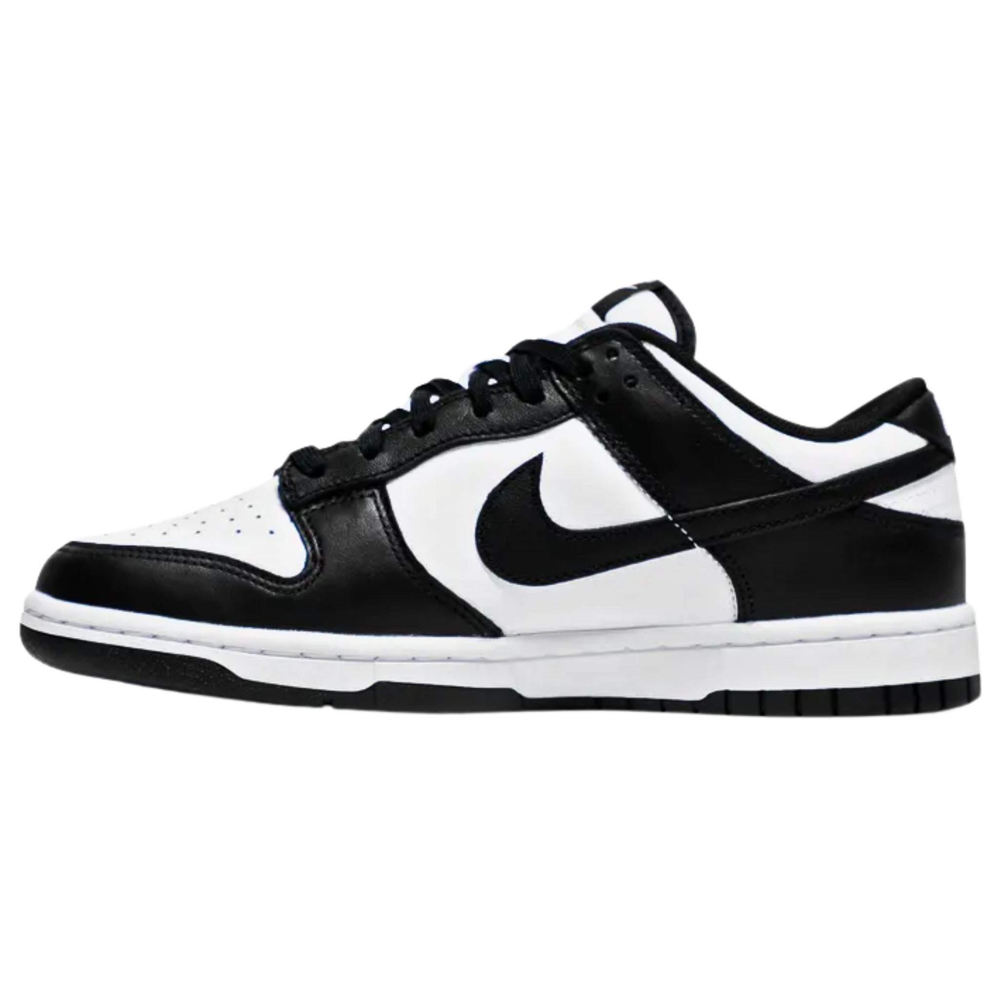 The Nike Dunk Low ‘Black White’ (also known as 'Panda') features a classic two-tone color scheme with a white leather base and contrasting black overlays on the toe and heel. The clean design, developed by Peter Moore, highlights the sneaker’s smooth transition from the hardwood to the street. White Nike branding stands out in relief on both the woven tongue tag and heel tab, completing the iconic, minimalist look.