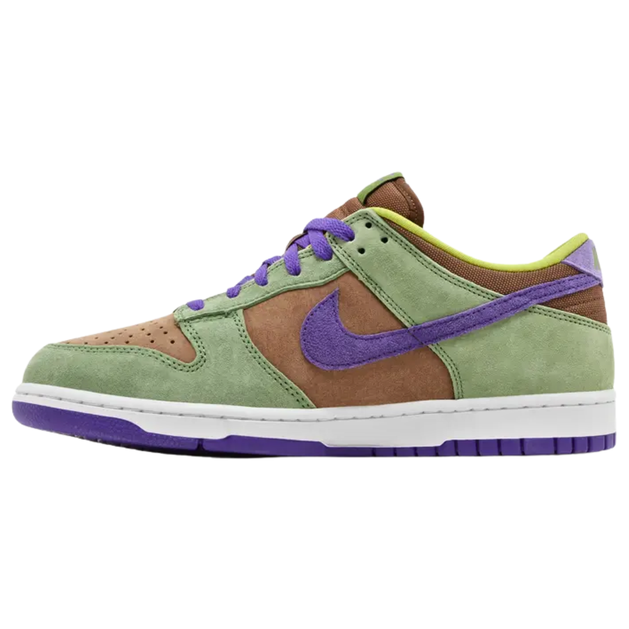 The 2024 Nike Dunk Low SP Retro 'Veneer' revives the classic colorway from the 2001 CO.JP 'Ugly Duckling Pack.' This low-top sneaker features a brown suede upper with contrasting green overlays and a purple Swoosh. A lime green collar lining and insole are adorned with Nike branding, with additional Nike logo details on the woven tongue tag and back tab. The rubber cupsole pairs white sidewalls with a grippy violet rubber outsole, combining style and performance.
