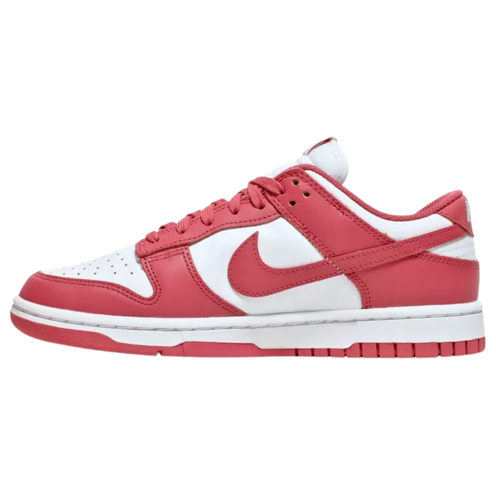 The Nike Women’s Dunk Low ‘Archeo Pink’ features classic two-tone color blocking with a white leather base and dark pink overlays. The all-leather upper includes a perforated toe box, padded mesh collar, and nylon tongue with a woven Nike tag. An embroidered Nike wordmark adorns the heel tab. The sneaker rests on a rubber cupsole, combining white sidewalls with a pink rubber outsole for a stylish and comfortable finish.