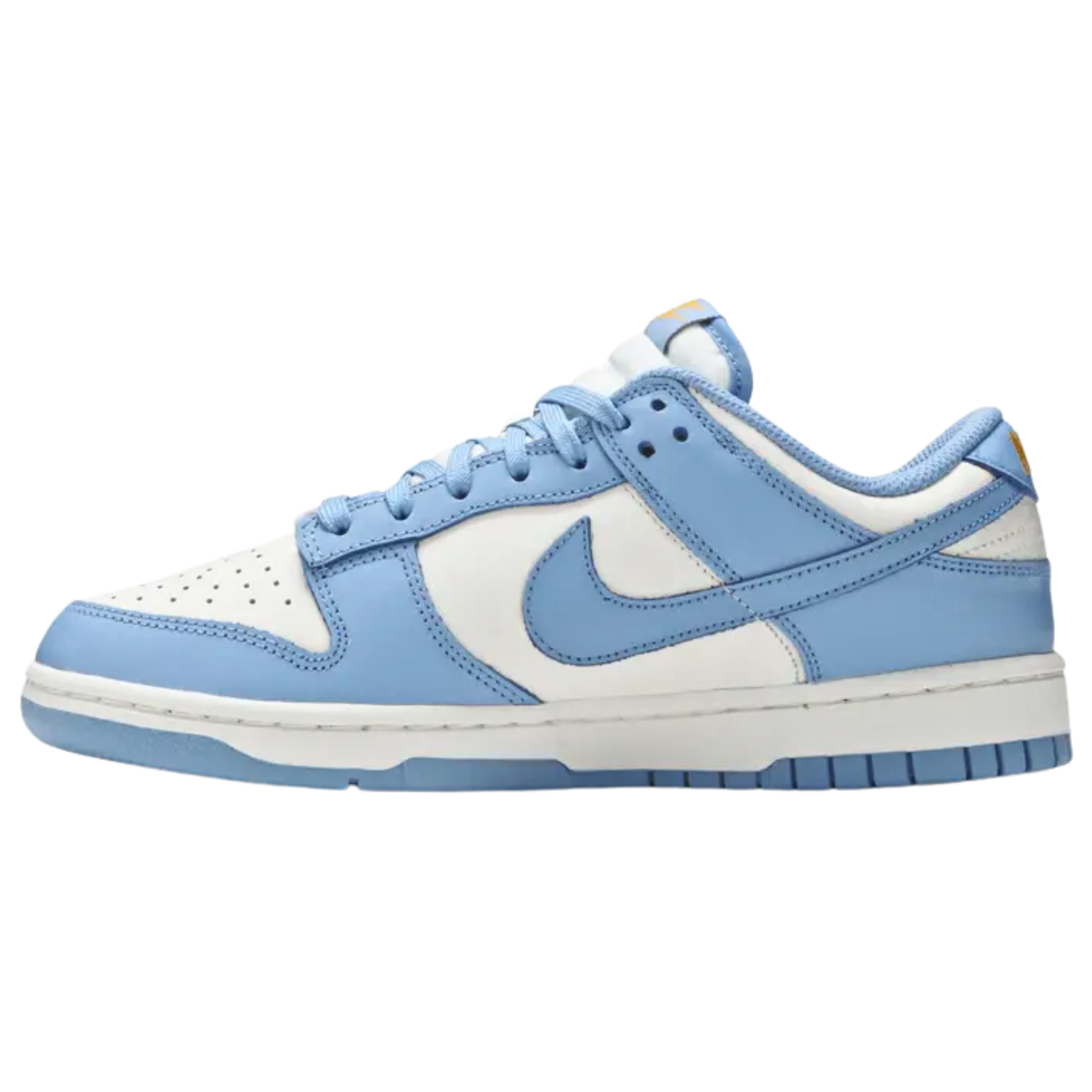 The Nike Women’s Dunk Low ‘Coast’ features traditional two-tone color blocking with a white leather base and vibrant blue overlays. Perforated detailing on the toe box adds texture, while yellow Nike branding on the heel tab and woven tongue tag adds a pop of color. The sneaker rests on a low-profile midsole and is supported by a rubber outsole with concentric circle tread for enhanced grip and style.