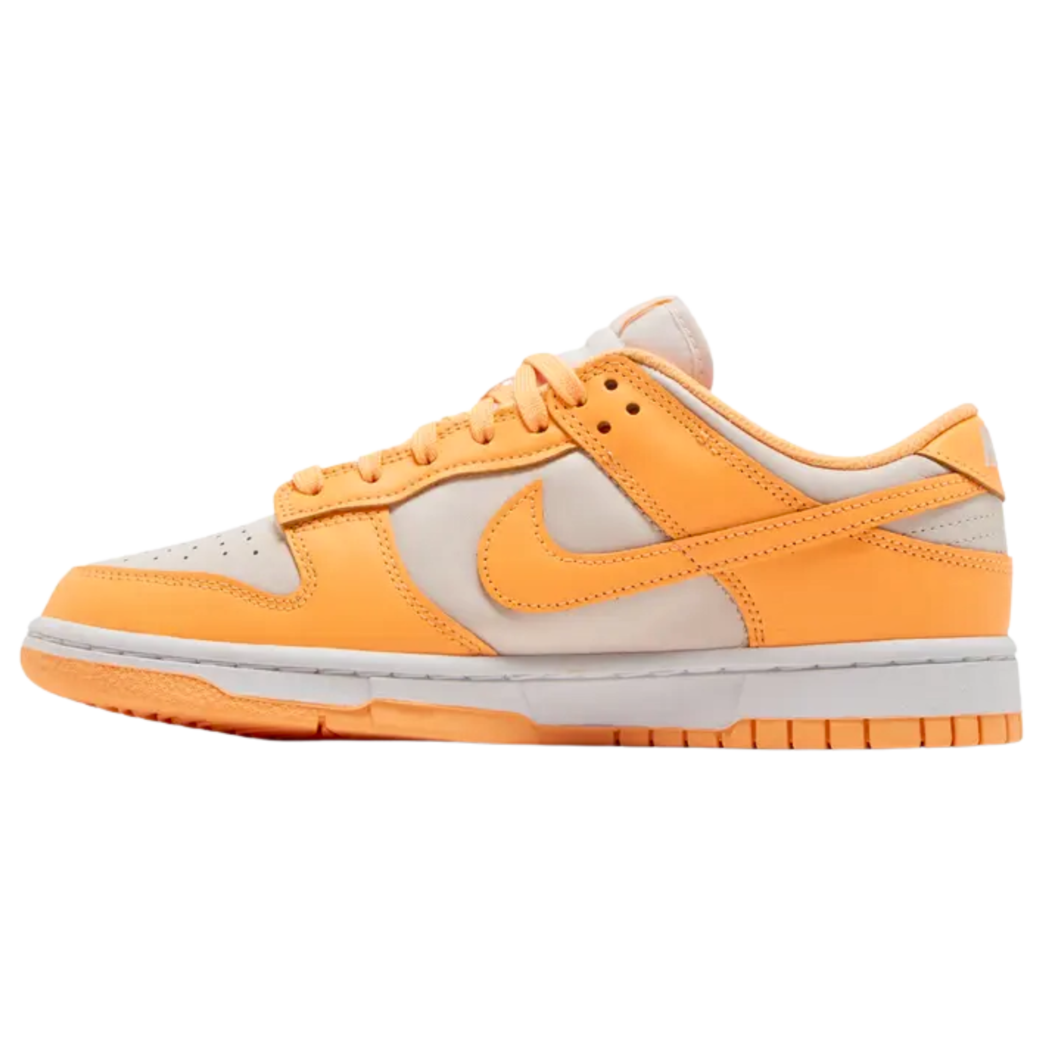 The Nike Women’s Dunk Low ‘Peach Cream’ features a two-tone design, combining a light grey base with vibrant orange leather overlays. The classic color blocking is complemented by heritage details such as a perforated toe box, breathable nylon tongue, and durable cupsole tooling. The sneaker is finished with an orange rubber outsole, designed with a concentric-circle traction pattern for superior grip and performance.