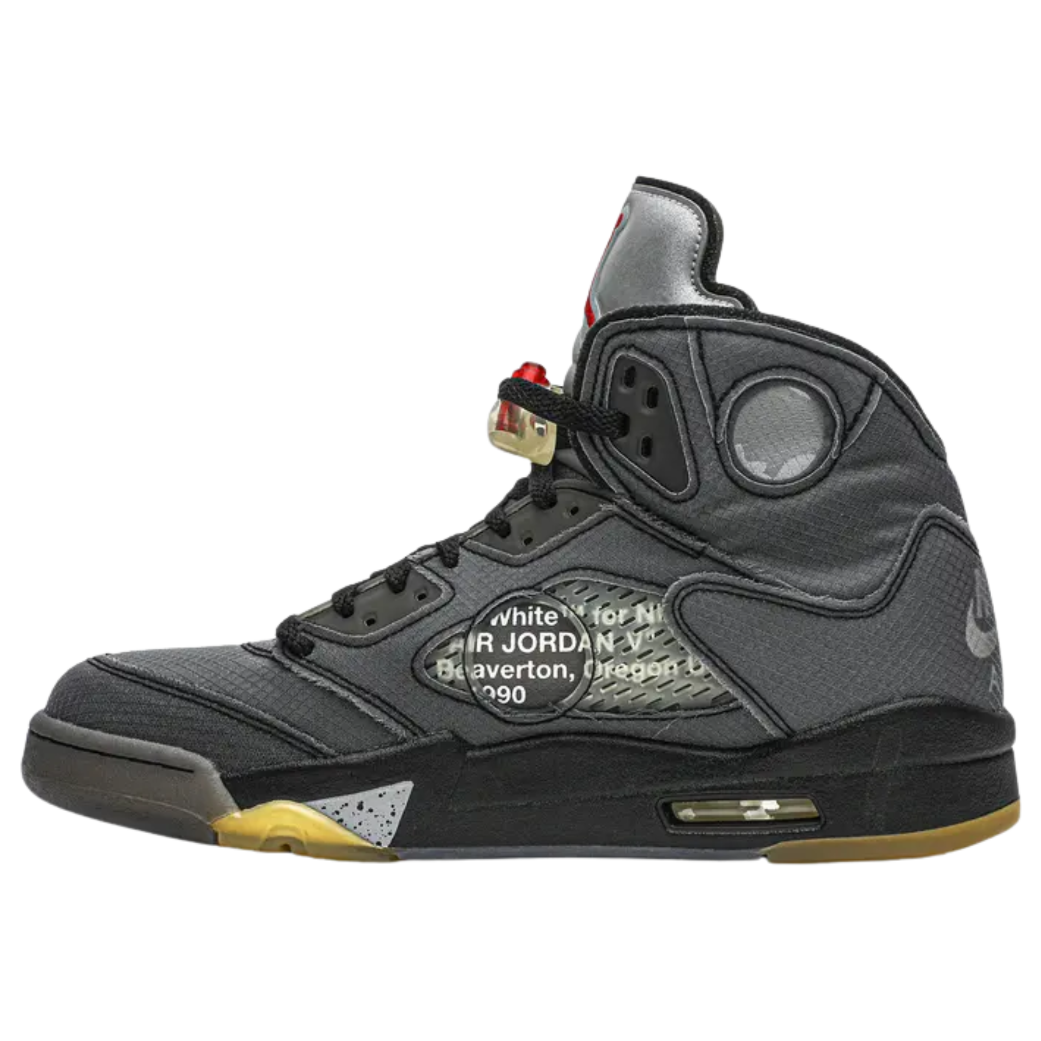 The Off-White x Air Jordan 5 SP 'Muslin' features a faded black textile upper with a silver reflective tongue and embroidered Nike Air branding. Virgil Abloh’s signature text appears on the laces and medial panel, while a pre-yellowed translucent rubber outsole enhances the vintage look.