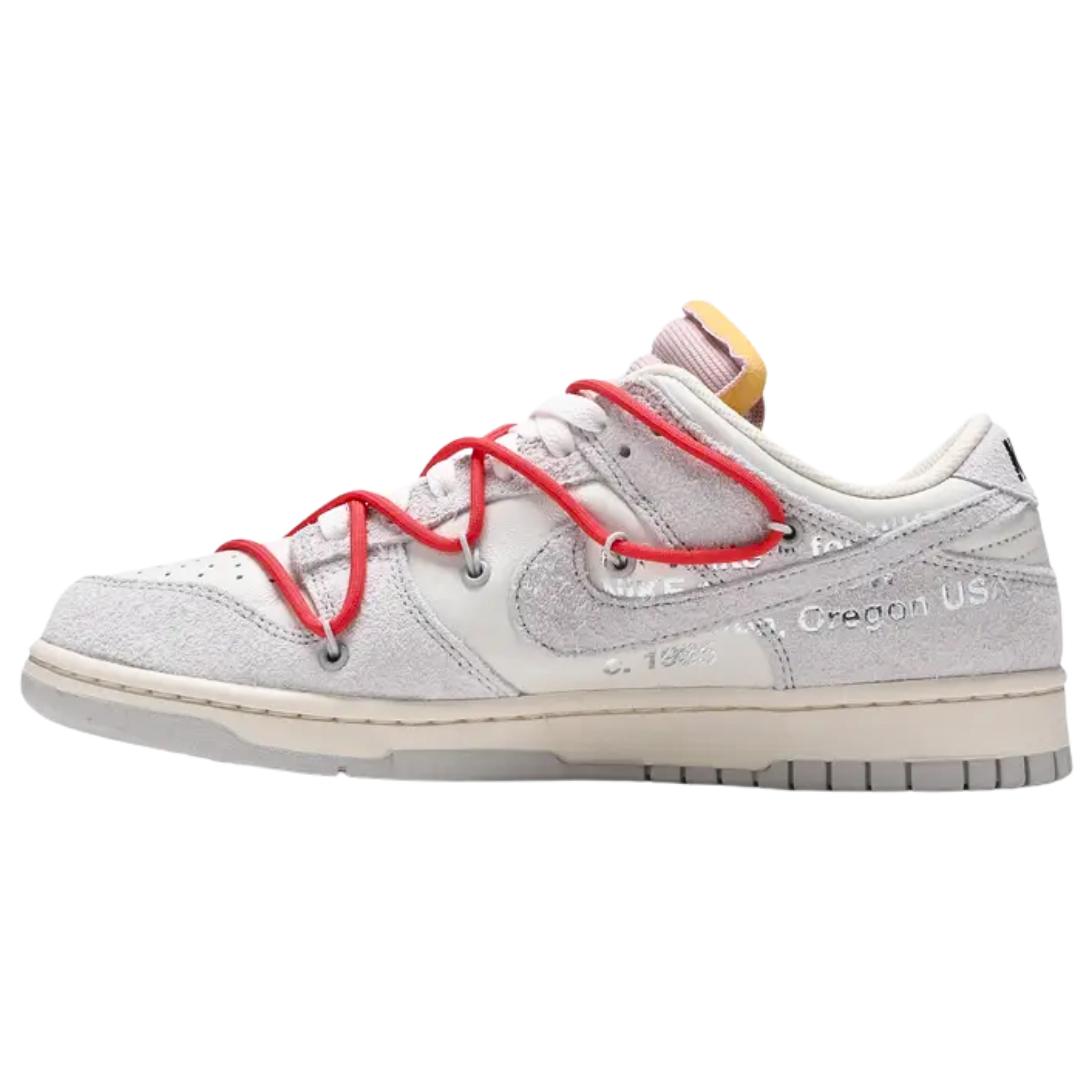 The Off-White x Nike Dunk Low from the 'Dear Summer' collection features a white leather upper with soft grey suede overlays. Signature Virgil Abloh details include a plastic zip tie, printed Helvetica text, and a secondary lacing system. Pops of color come from the zip tie, exposed-foam tongue, and a rectangular tab on the Swoosh. Limited to fifty pairs, the sneaker is marked with a '33 of 50' badge on the lateral midsole, making it a rare and collectible release.