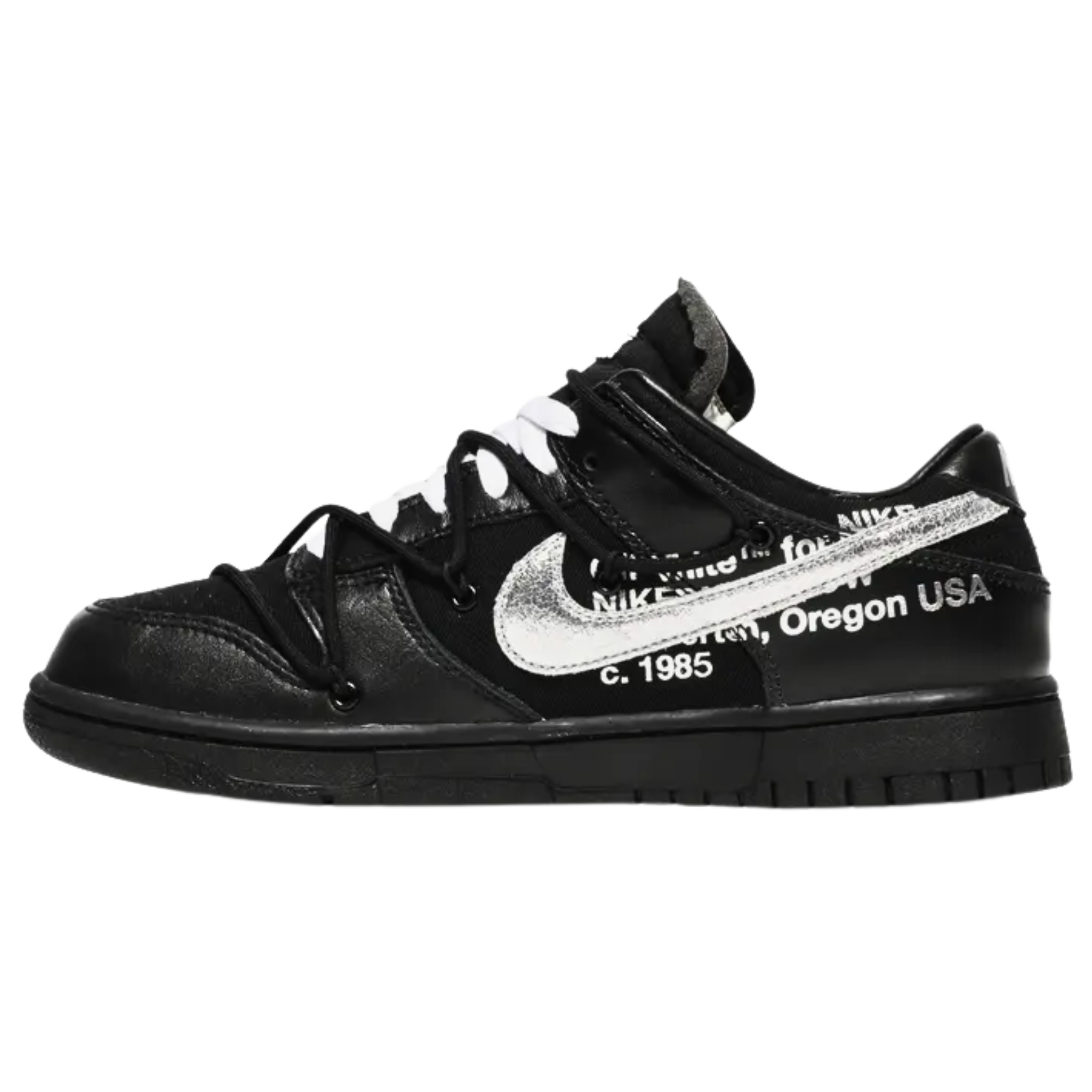 The Off-White x Nike Dunk Low ‘Dear Summer’ represents the final installment of the collection, featuring a blacked-out canvas and leather upper. Signature Virgil Abloh details include an exposed foam tongue, plastic zip tie, Helvetica text, and a secondary set of rope laces. A metallic silver Swoosh adds contrast, while a ‘50 of 50’ badge on the black midsole designates this sneaker as a limited-edition release.