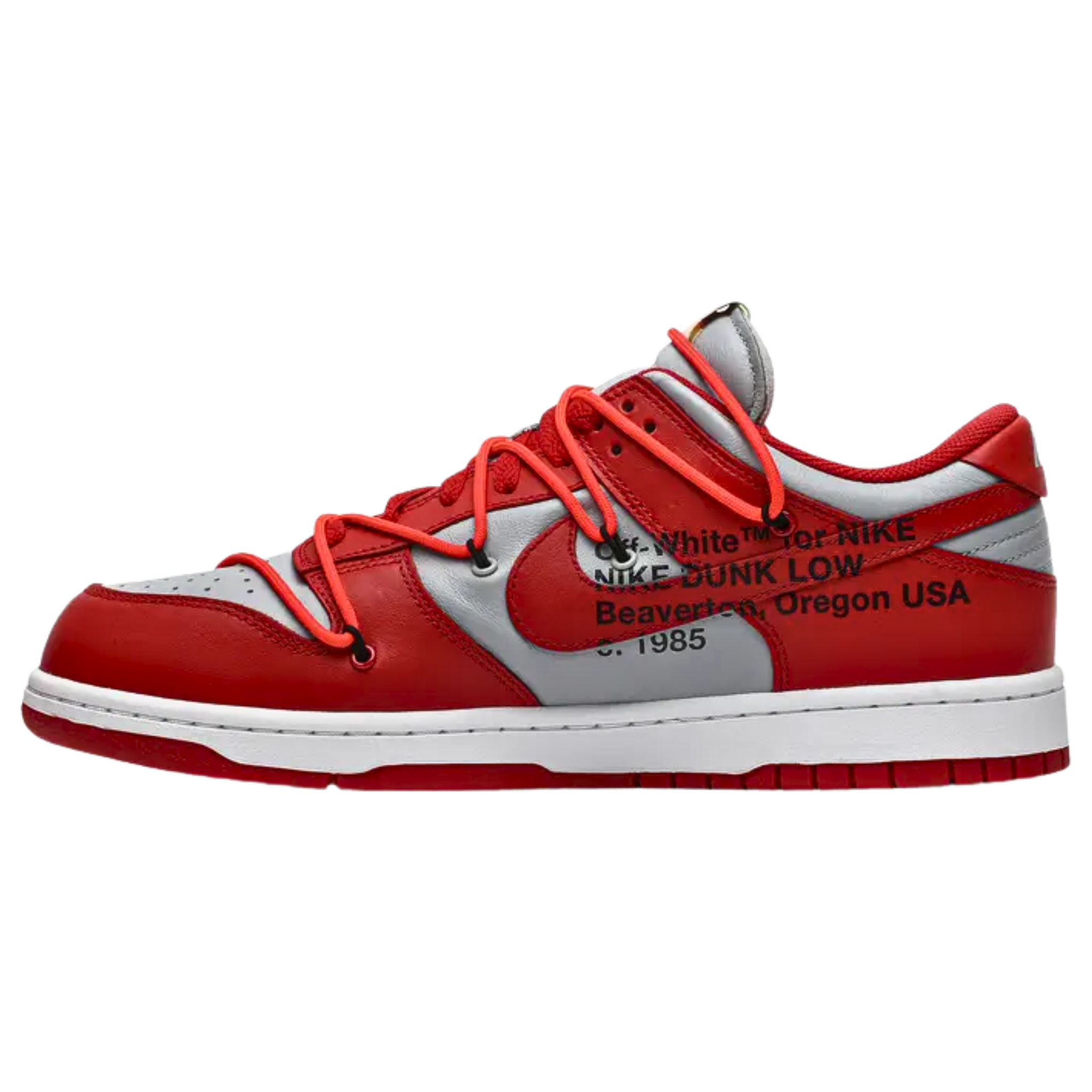 The Off-White x Nike Dunk Low in University Red and grey leather, part of the 2019 collection, embodies themes of fragmentation and rebuilding. It features retro branding, a blown-up text graphic on the medial side, and a signature flagged Swoosh on the lateral side. Virgil Abloh's deconstructivist style is showcased with exposed tongue foam, a floating heel tab, and secondary lacing. The sneaker is completed with a duo-toned rubber cupsole for added style and comfort.