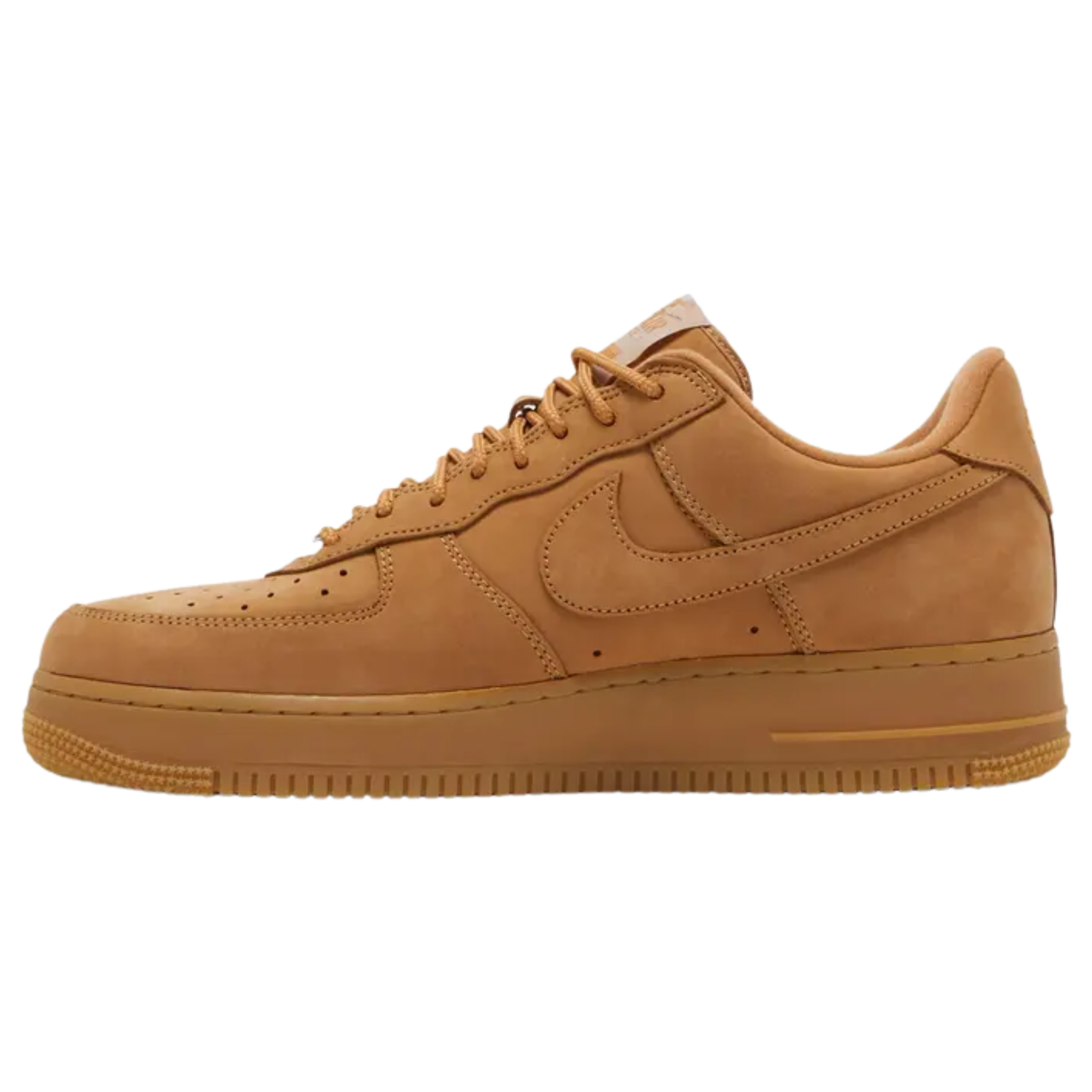 The Supreme x Nike Air Force 1 Low SP ‘Box Logo - Wheat’ features a smooth nubuck upper in a monochrome beige hue, reminiscent of Timberland’s iconic work boots. The sneaker is lined with soft DURAPLUSH and accented with Supreme’s red box logo on the lateral heel. Dual branding appears on the woven tongue tag, sockliner, and metallic lace jewels. The shoe is built on a gum rubber cupsole with Nike Air cushioning in the heel for comfort and support.
