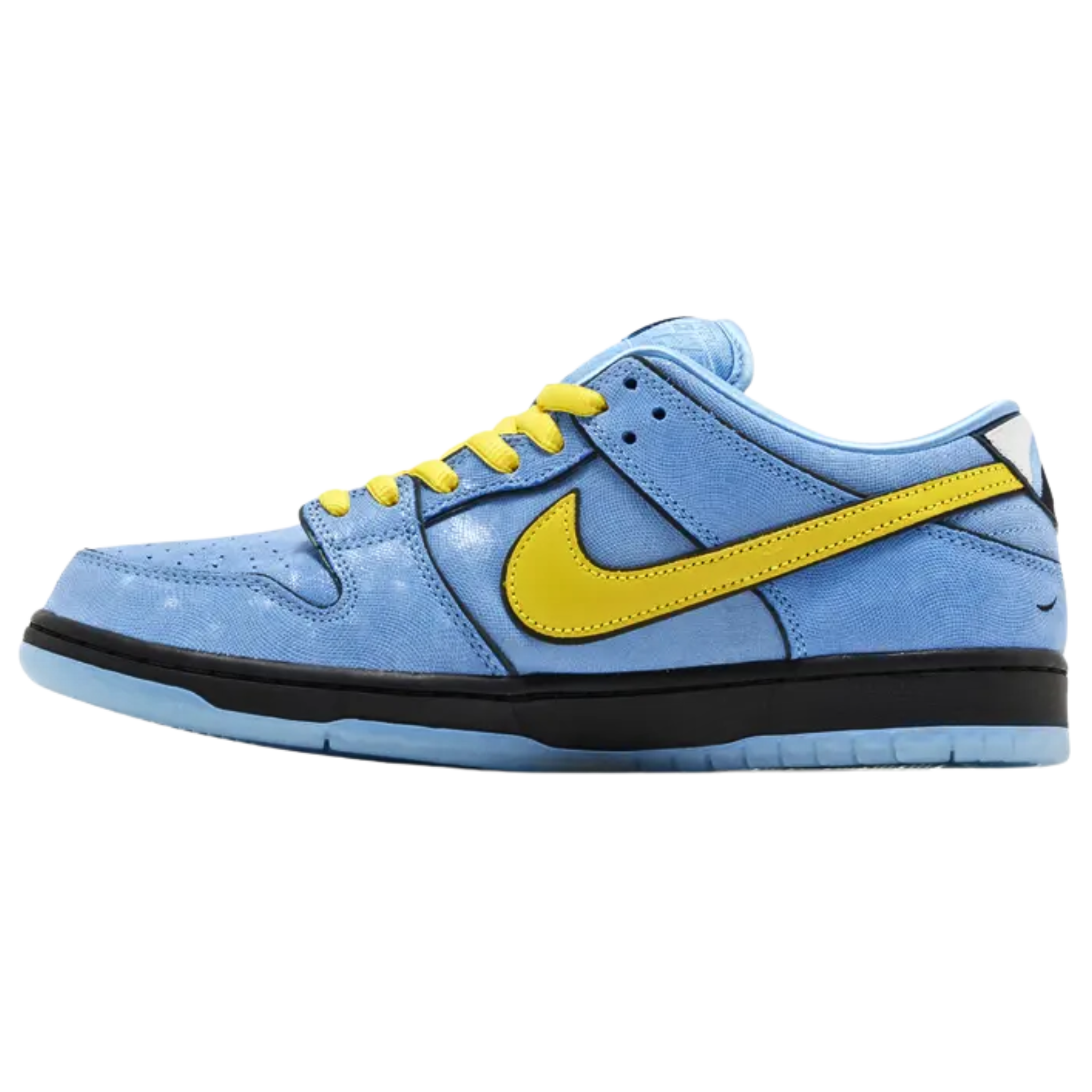 The Powerpuff Girls x Nike Dunk Low Pro SB QS ‘Bubbles’ features a textured blue leather upper with shiny satin lining, black piping, and a contrasting yellow Swoosh. Enlarged heel tabs reflect Bubbles' blue eyes, while the Powerpuff Girls logo appears on a repeating pattern on the stuffed tongue. The sneaker is supported by a durable black midsole and a blue-tinged translucent rubber outsole, combining playful design with functionality.
