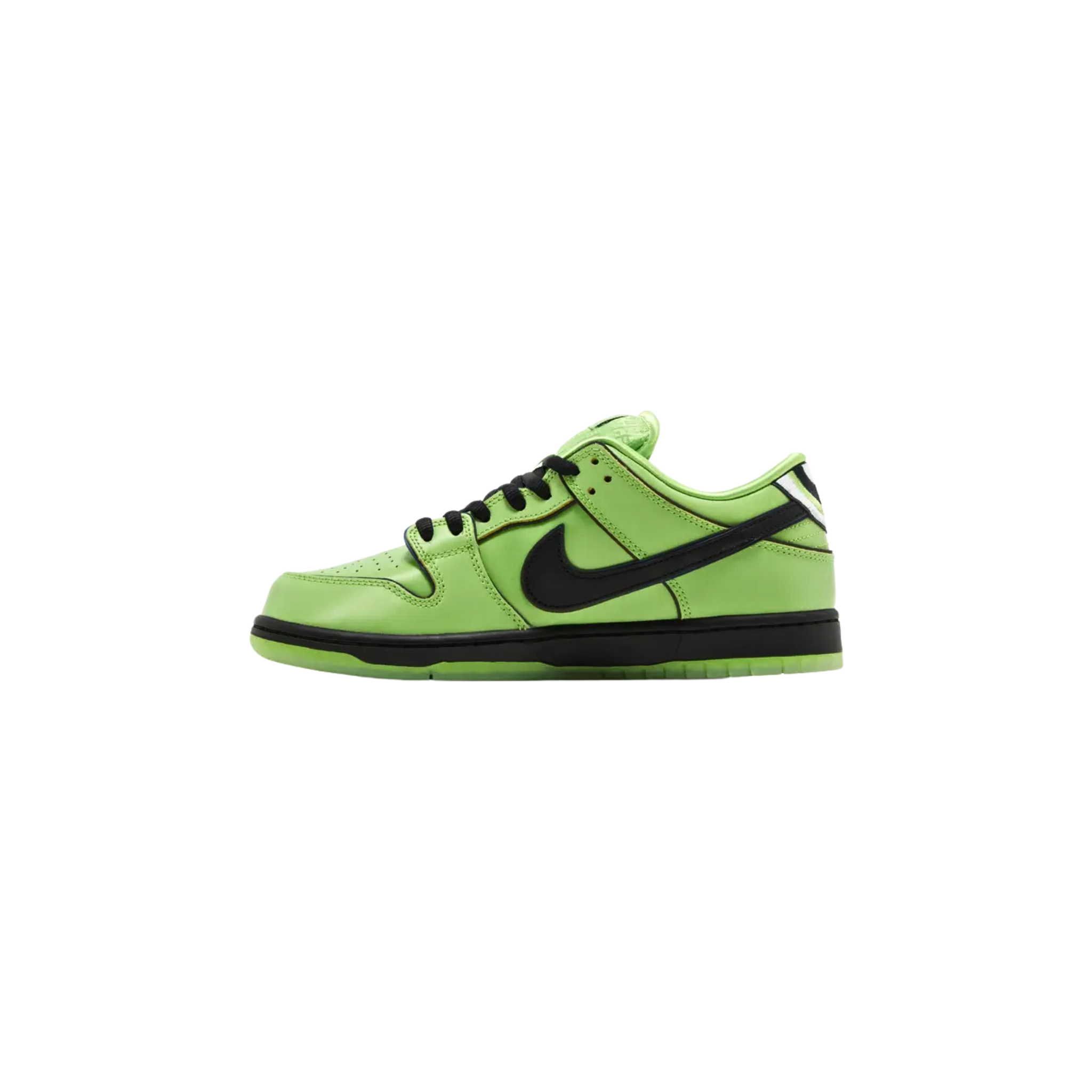 The Nike Dunk Low Pro SB QS PS ‘Buttercup,’ part of a Powerpuff Girls-inspired collection, features a bright green leather upper with reflective piping and a black Swoosh. The nylon tongue is adorned with a woven Nike SB tag, showcasing Buttercup's name, while the repeating Powerpuff Girls logo lines the interior. Embroidered eyes on the heel tabs and Mojo Jojo’s image on the right sockliner add unique touches. A solid black midsole and green-tinged translucent rubber outsole complete the design.