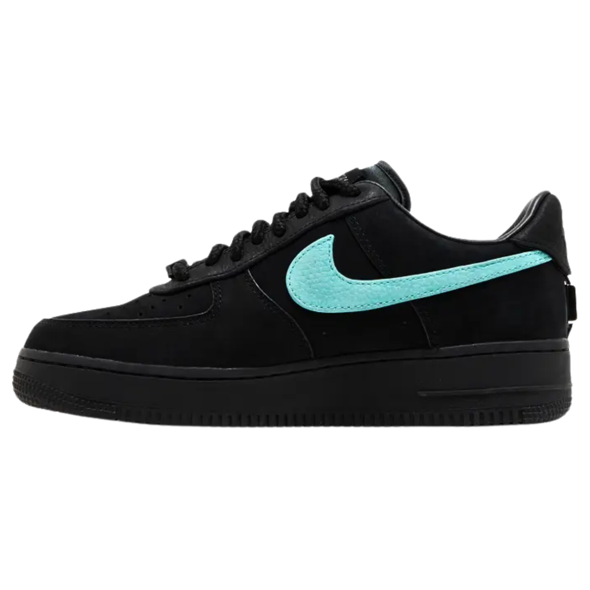 The Tiffany & Co. x Nike Air Force 1 Low ‘1837’ marks the debut collaboration between the luxury jeweler and Nike. The low-top features a black suede upper with a tumbled leather Swoosh in Tiffany’s signature robin’s-egg blue. Woven tongue tags display ‘Tiffany’ script, while tonal ‘Nike Air’ branding is embroidered on the black leather heel tabs. A metallic silver engraved Tiffany badge adds a premium touch.