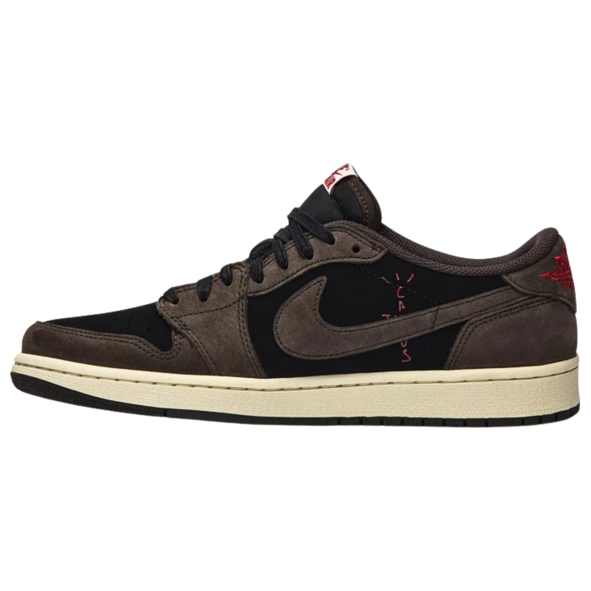 The Travis Scott x Air Jordan 1 Low features a black and Dark Mocha nubuck upper with University Red accents. The shoe showcases an oversized backward-facing Swoosh on the lateral side, a standard Swoosh on the medial side, and subtle 'Cactus Jack' branding on the tongue, panel, and sockliner. The back heel tabs feature stitched logos: Air Jordan Wings on the right and Scott’s face on the left.