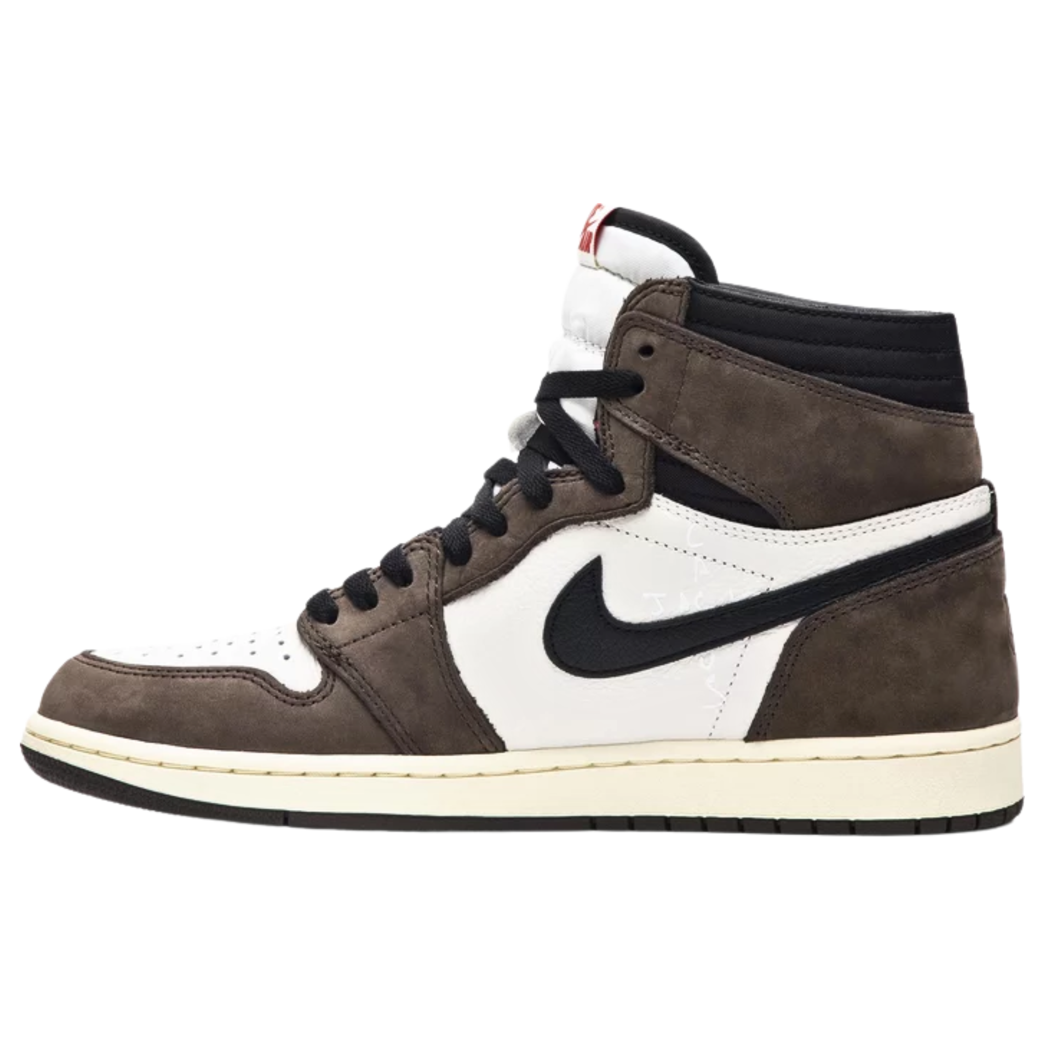 The Travis Scott x Air Jordan 1 Retro High features a white leather and brown suede upper with an oversized backward-facing Swoosh on the lateral side and a traditional Swoosh on the medial side. The shoe also includes a double-layer collar and Scott’s face logo embossed on the heel.