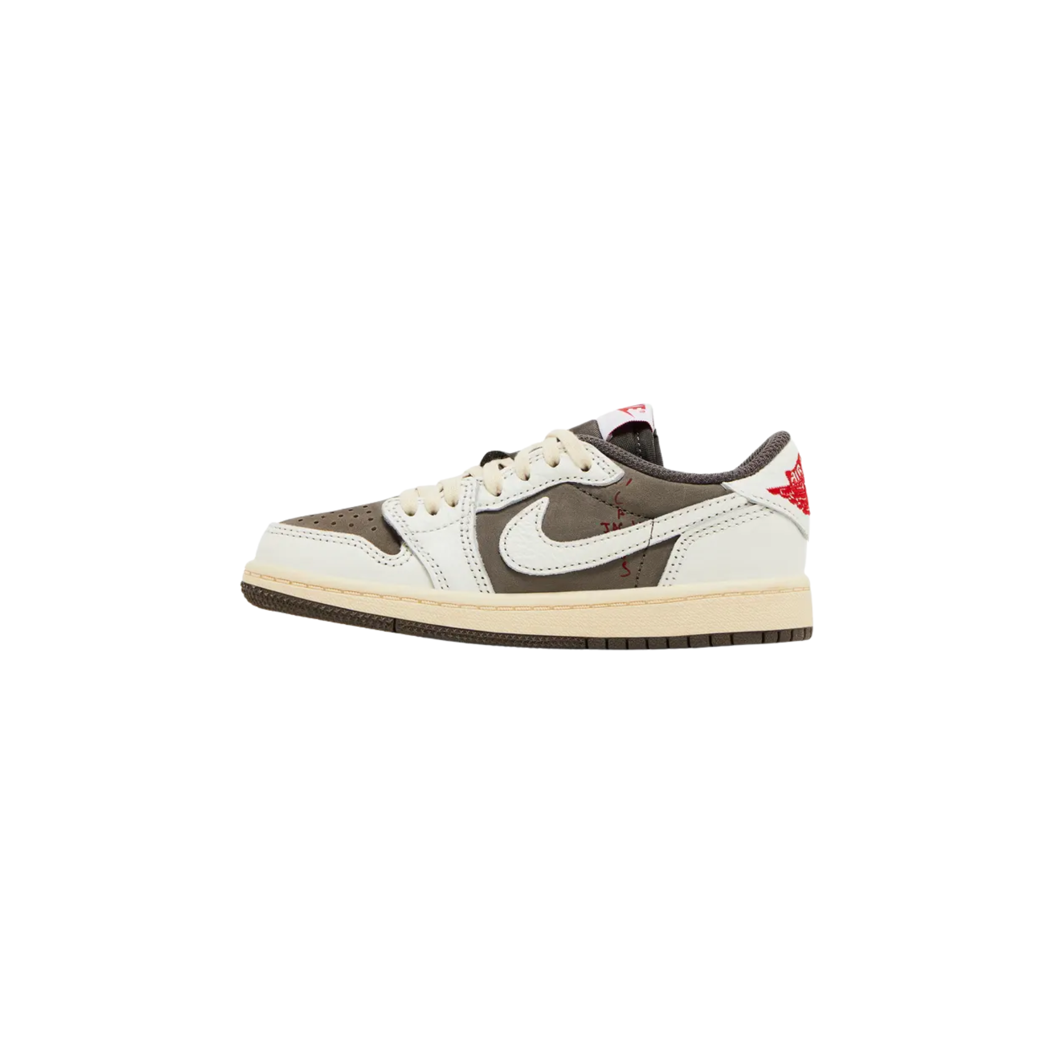 The Travis Scott x Air Jordan 1 Retro Low OG PS ‘Reverse Mocha’ for little kids features a brown nubuck upper with off-white leather overlays, an oversized reverse Swoosh, woven Nike Air and Cactus Jack tags, crimson embroidered heel tabs with Travis Scott's face on the left and the Jordan Wings logo on the right, an aged midsole, and a brown rubber outsole.