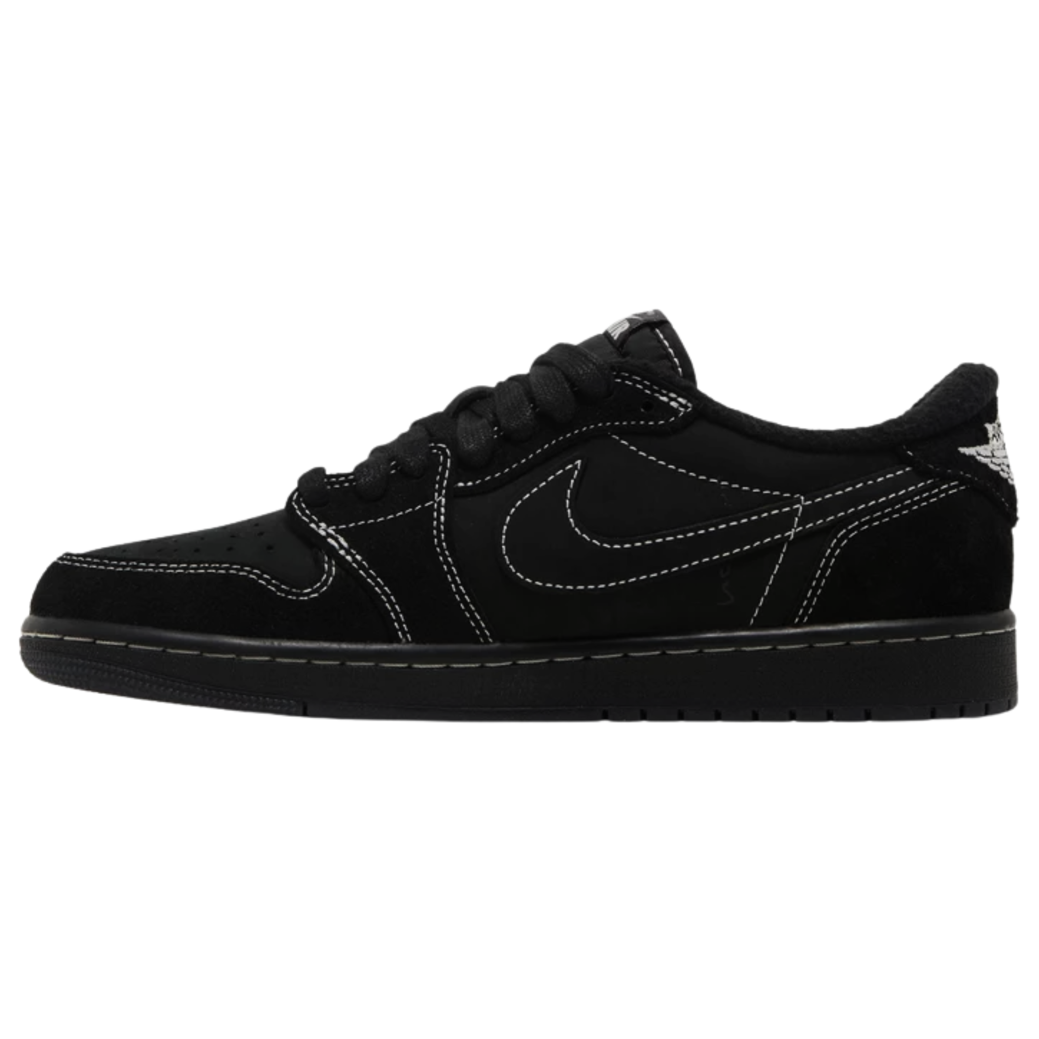 Travis Scott x Air Jordan 1 Retro Low OG SP ‘Black Phantom’ featuring a black nubuck upper with tonal suede overlays and contrast white stitching. The sneaker includes a reverse Swoosh on the lateral side, a traditional Swoosh on the opposite side with Cactus Jack branding, mismatched heel tabs with a retro Wings logo on the right shoe and an embroidered bee motif on the left, and a black rubber cupsole with stitched sidewall construction and encapsulated Air-sole cushioning.
