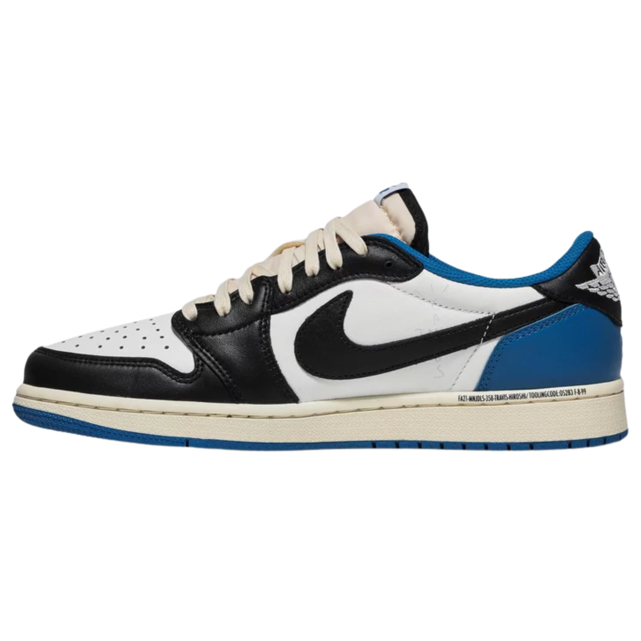 Fragment Design x Travis Scott x Air Jordan 1 Retro Low featuring a white leather upper with black and royal blue overlays. The sneaker includes Scott’s oversized inverted Swoosh in off-white on the lateral side, a black standard Swoosh on the opposite side, and Cactus Jack branding with a smiley face logo on the left heel tab. The right heel tab features a Jordan Wings logo and Fragment’s lightning bolt trademark.