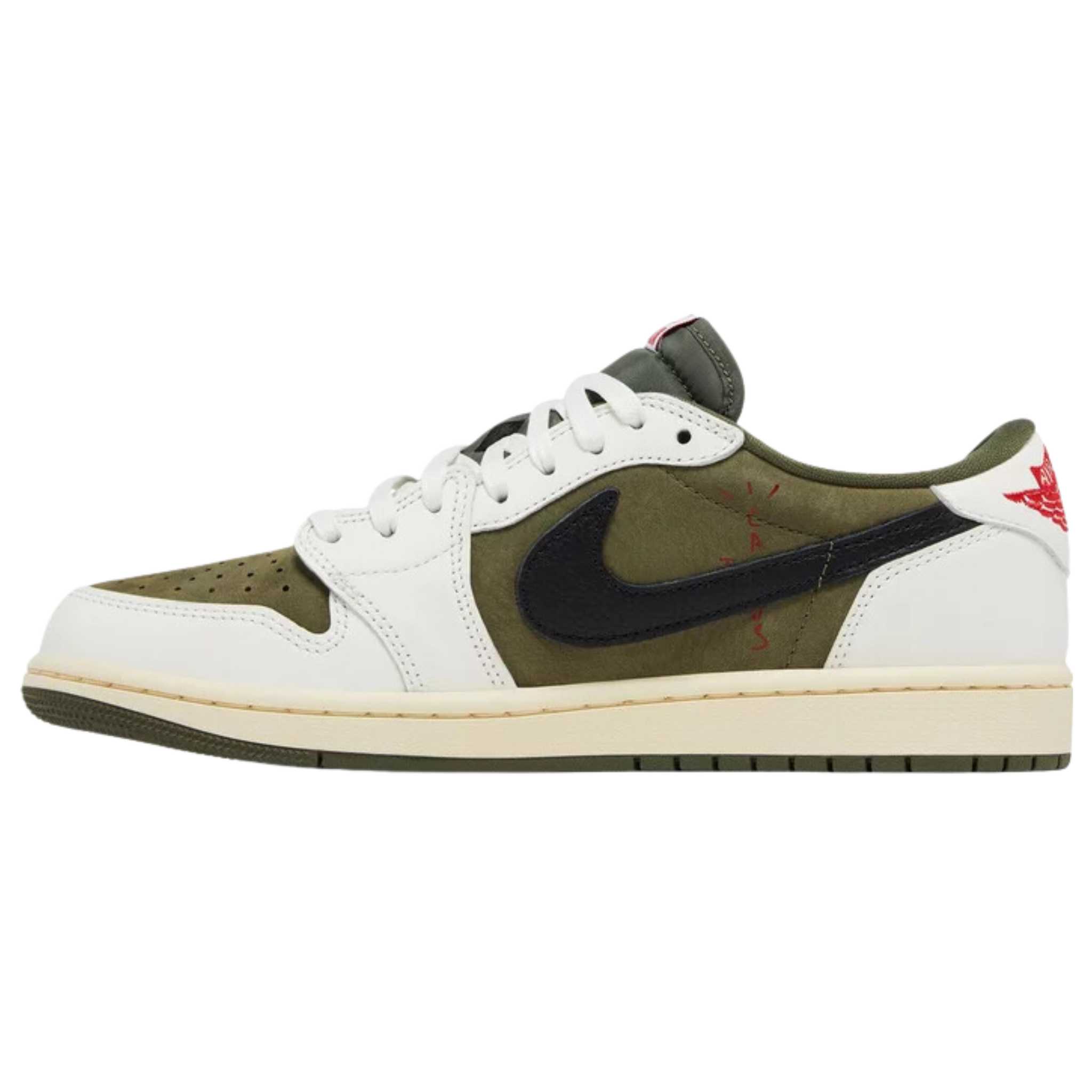 Travis Scott x Air Jordan 1 Retro Low OG SP 'Reverse Olive / Medium Olive' featuring an olive green suede base with chalk white leather overlays and a black tumbled leather reverse Swoosh. The sneaker includes crimson accents on the Nike Air tongue tag, mismatched Jordan Wings and Cactus Jack branding on the leather back tabs, and a vintage off-white midsole with an olive rubber outsole for grip.