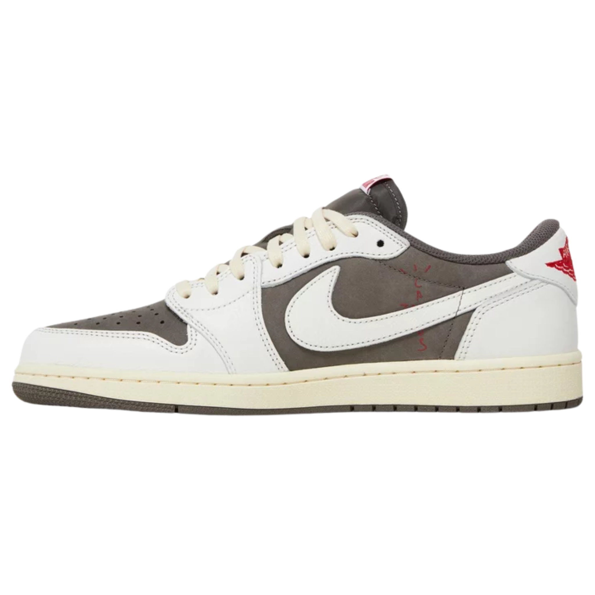 Travis Scott x Air Jordan 1 Retro Low OG ‘Reverse Mocha’ featuring a brown suede base with ivory leather overlays and a reverse Swoosh on the lateral side in oversized dimensions. The sneaker includes scarlet accents on the woven Nike Air tongue tags, mismatched Cactus Jack and retro Wings logos on the heel tabs, a vintage off-white rubber midsole with encapsulated Nike Air cushioning in the heel, and a brown rubber outsole.