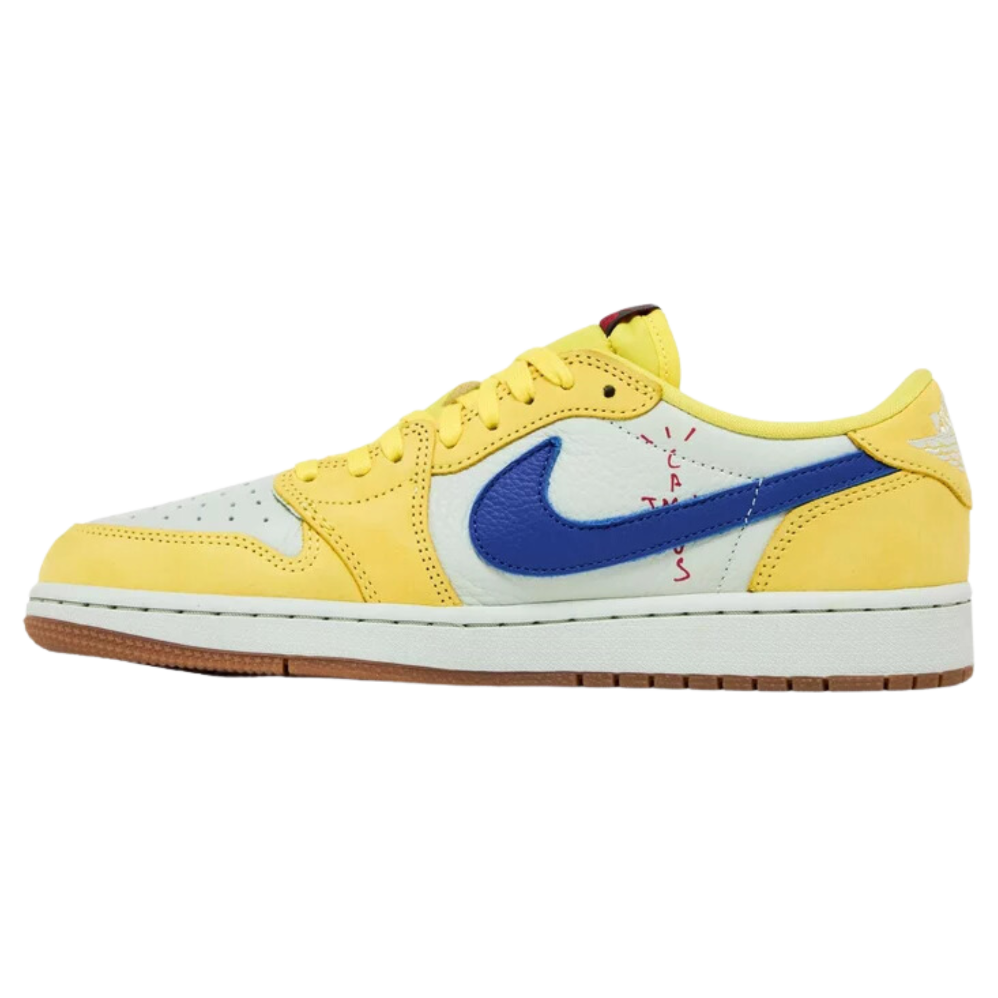 Travis Scott x Women's Air Jordan 1 Retro Low OG SP 'Canary' (Elkins) featuring a white leather upper with yellow overlays at the forefoot and heel. The sneaker includes a Racer Blue reverse Swoosh, a red and black Nike Air tag on the tongue, mismatched Cactus Jack and Jordan Wings branding on the heel tabs, and a traditional cupsole with white textured sidewalls and a gum rubber outsole.